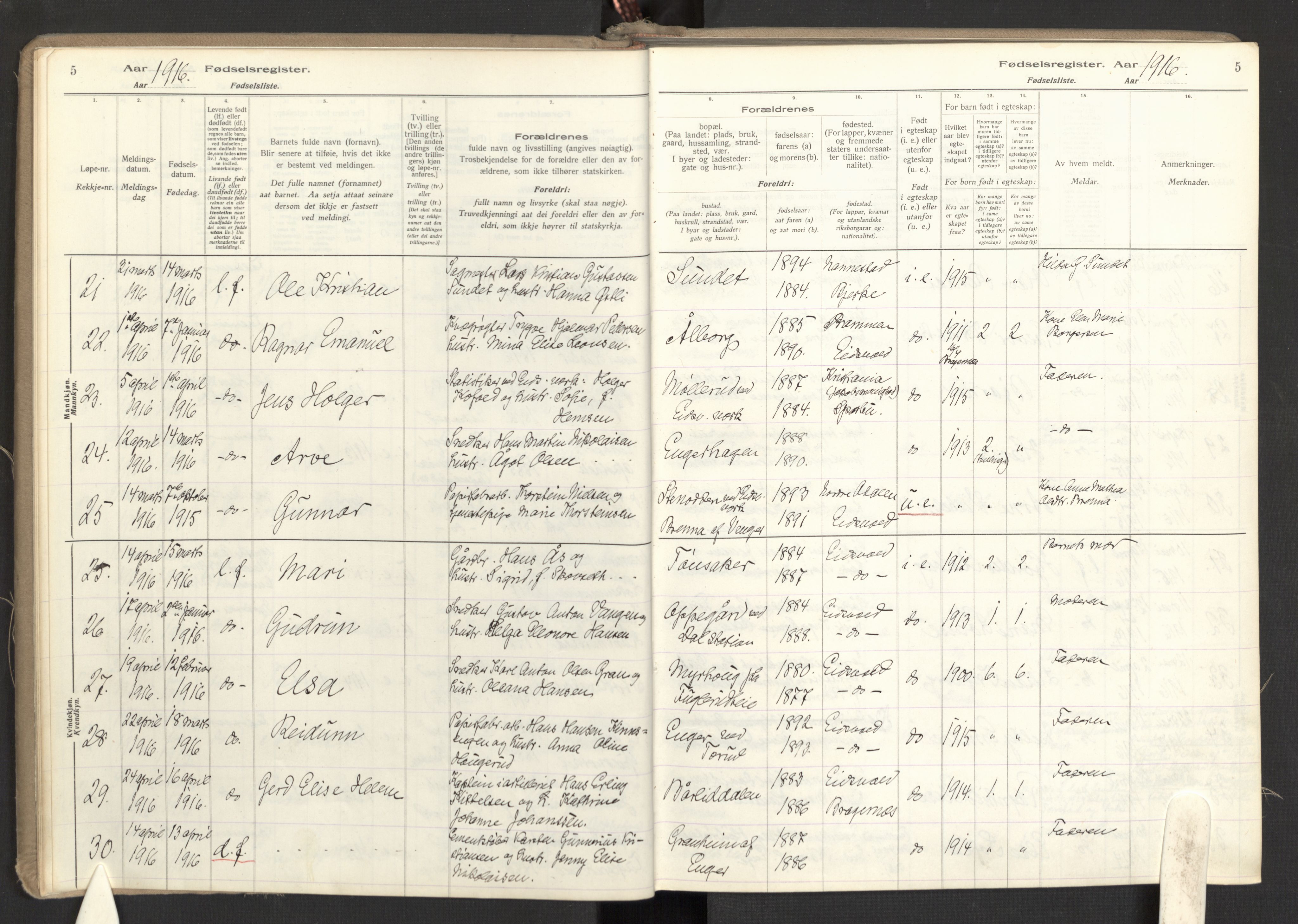 Eidsvoll prestekontor Kirkebøker, AV/SAO-A-10888/J/Ja/L0001: Fødselsregister nr. I 1, 1916-1924, s. 5