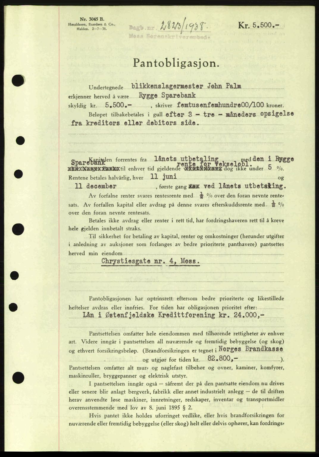 Moss sorenskriveri, SAO/A-10168: Pantebok nr. B6, 1938-1938, Dagboknr: 2823/1938