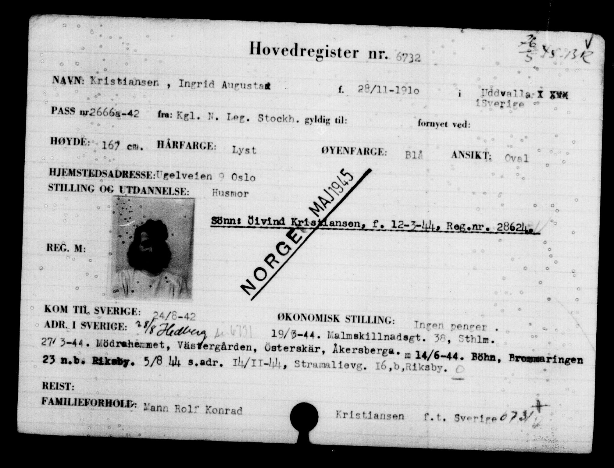 Utenriksstasjonene, Legasjonen i Stockholm, Flyktningkontoret, AV/RA-S-6753/V/Va/L0005: Kjesäterkartoteket, flyktning nr. 6600-9417, 1940-1945, s. 163
