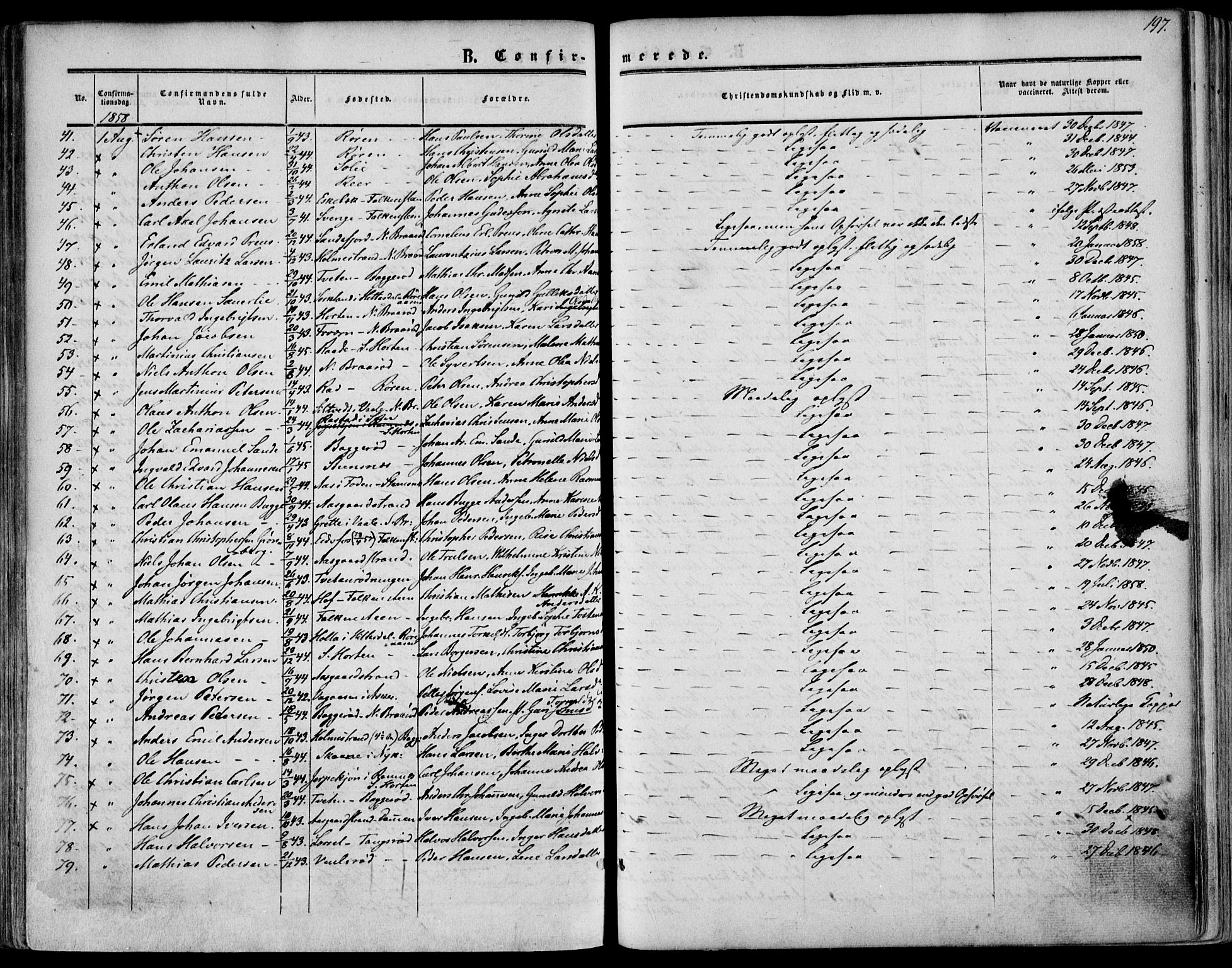 Borre kirkebøker, AV/SAKO-A-338/F/Fa/L0006: Ministerialbok nr. I 6, 1852-1862, s. 197