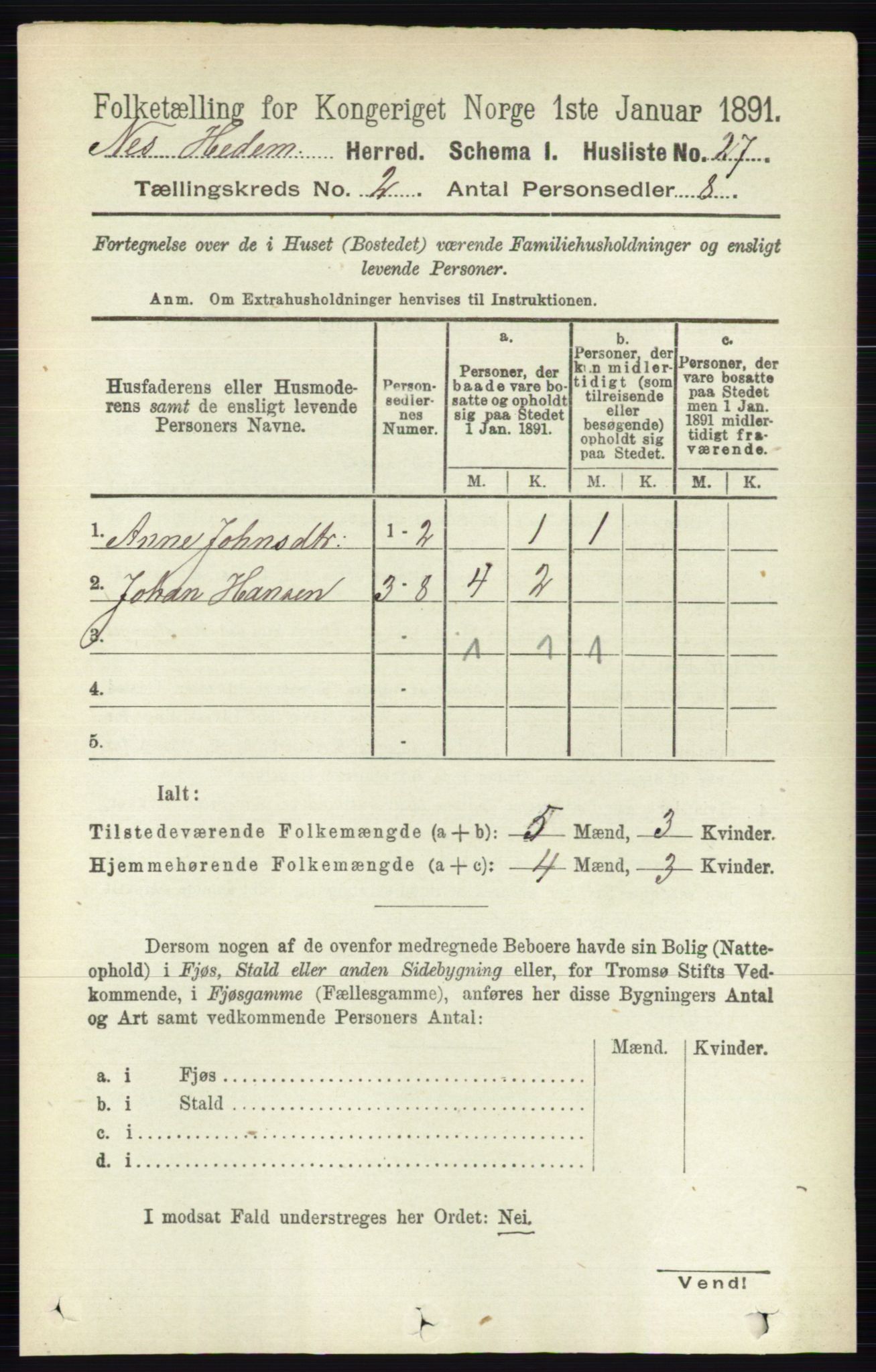 RA, Folketelling 1891 for 0411 Nes herred, 1891, s. 1031