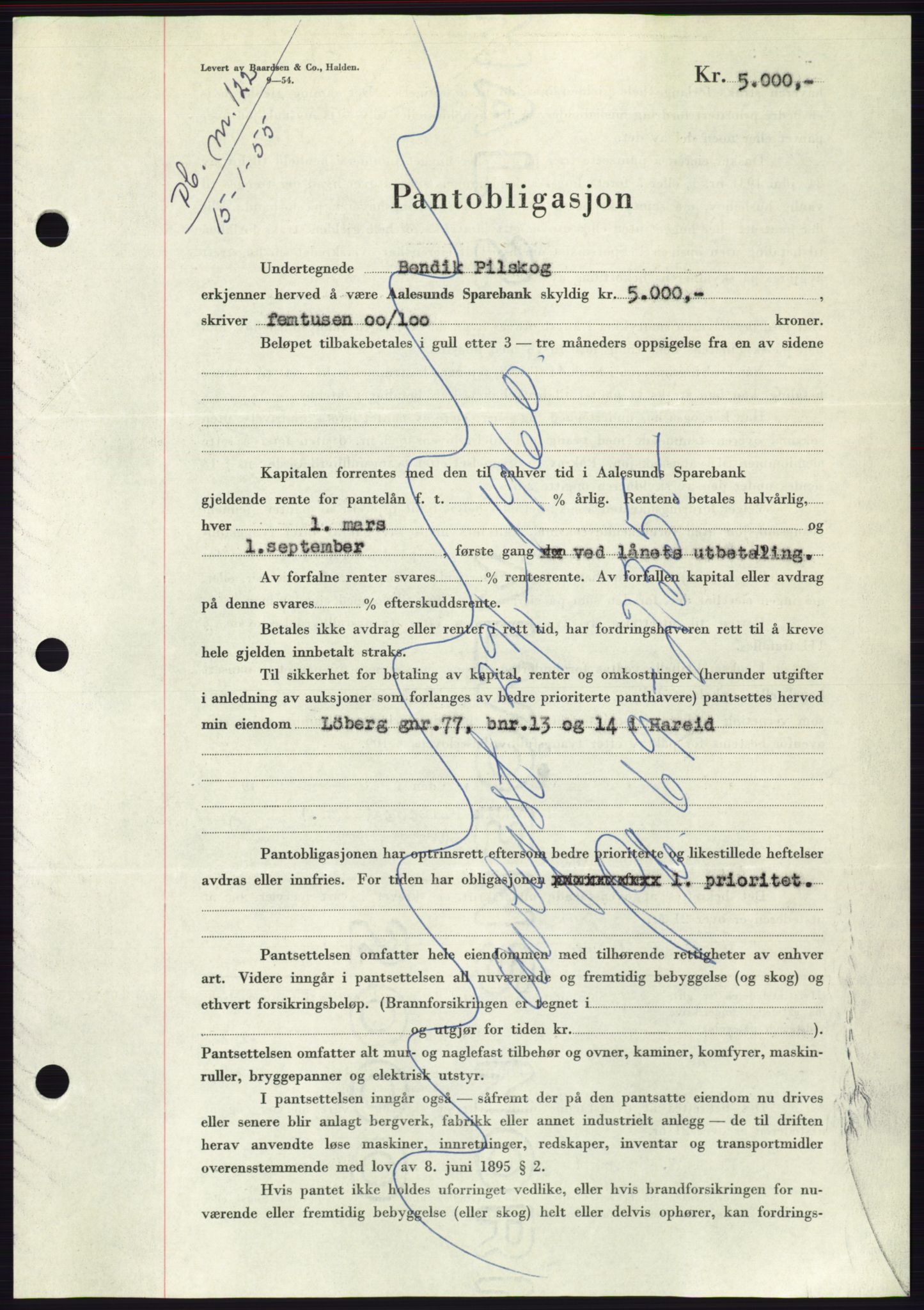 Søre Sunnmøre sorenskriveri, AV/SAT-A-4122/1/2/2C/L0126: Pantebok nr. 14B, 1954-1955, Dagboknr: 122/1955