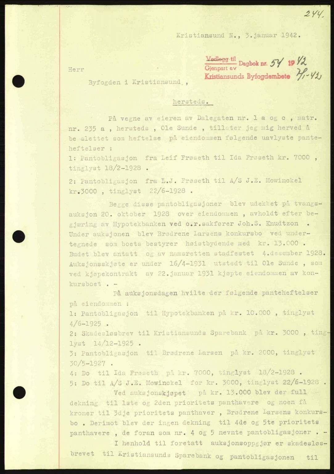 Kristiansund byfogd, AV/SAT-A-4587/A/27: Pantebok nr. 35, 1941-1942, Dagboknr: 54/1942