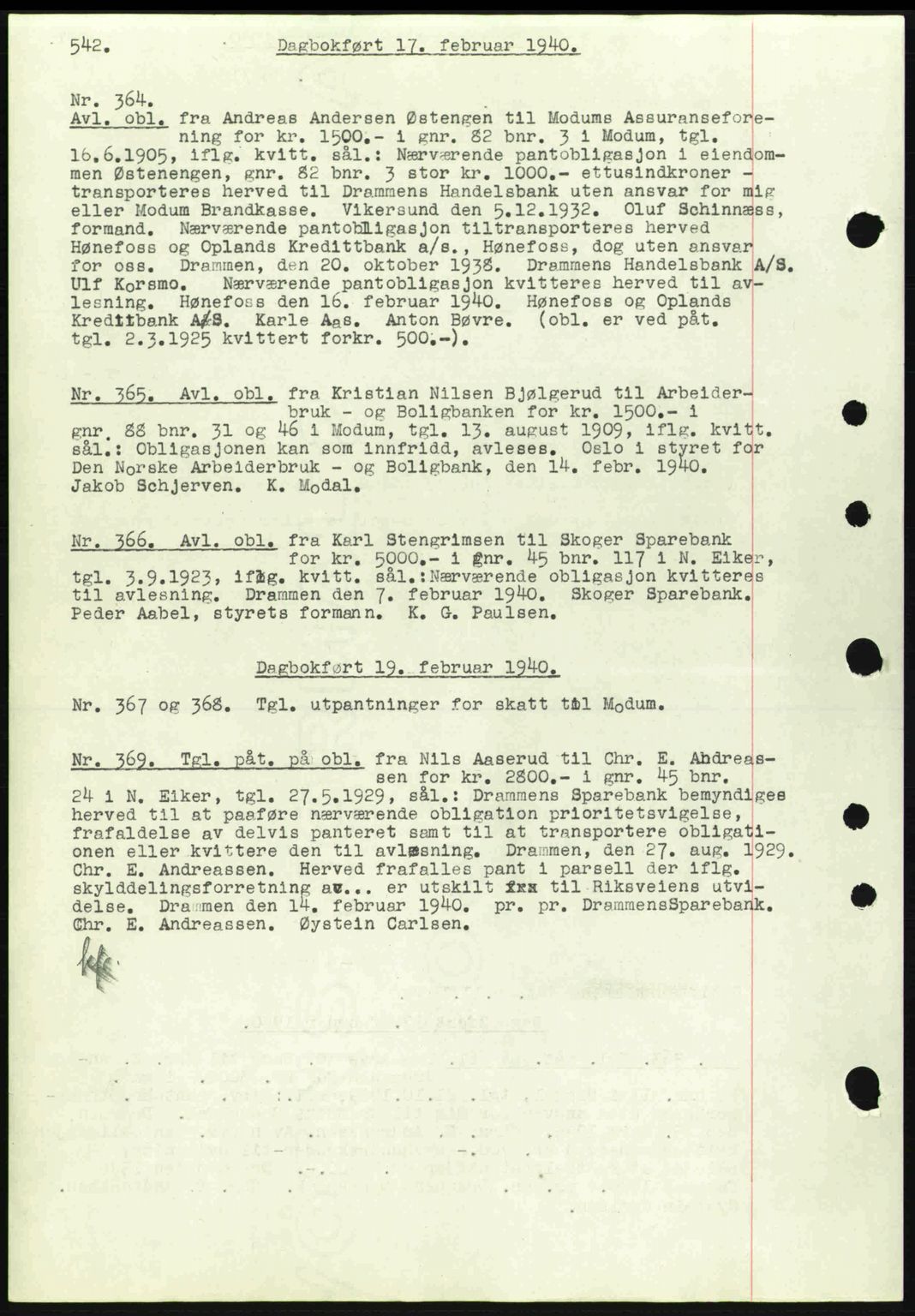 Eiker, Modum og Sigdal sorenskriveri, SAKO/A-123/G/Ga/Gab/L0041: Pantebok nr. A11, 1939-1940, Dagboknr: 364/1940