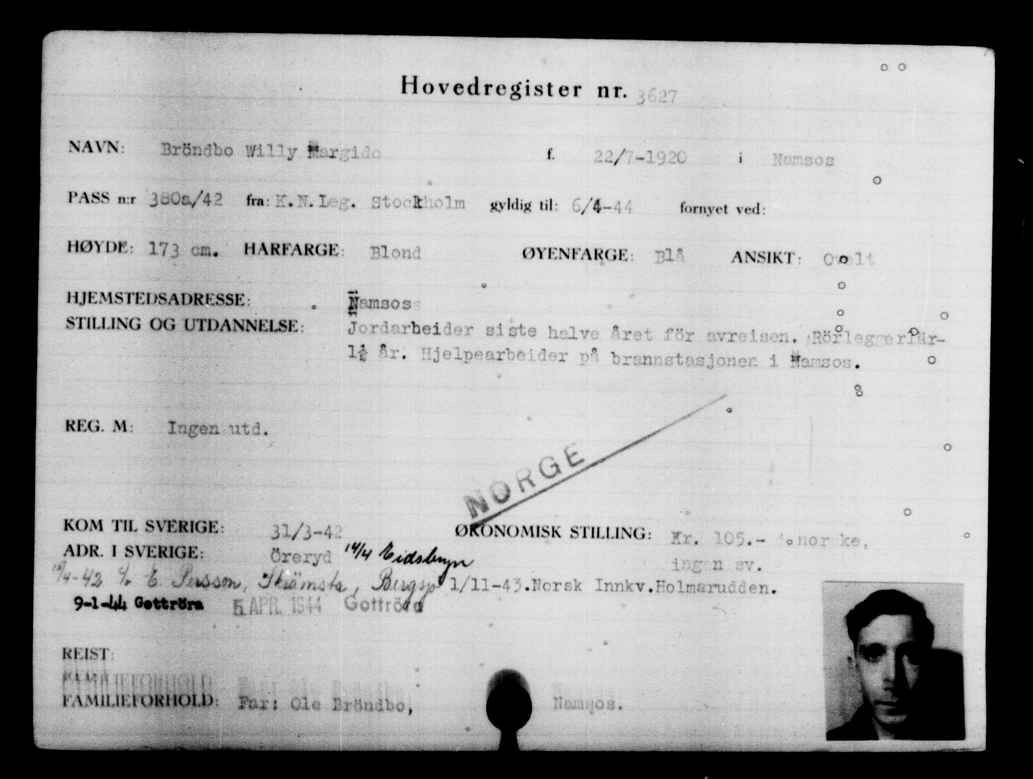 Utenriksstasjonene, Legasjonen i Stockholm, Flyktningkontoret, AV/RA-S-6753/V/Va/L0004: Kjesäterkartoteket, flyktninger med registreringsnr. 3496-6610, 1940-1945, s. 152