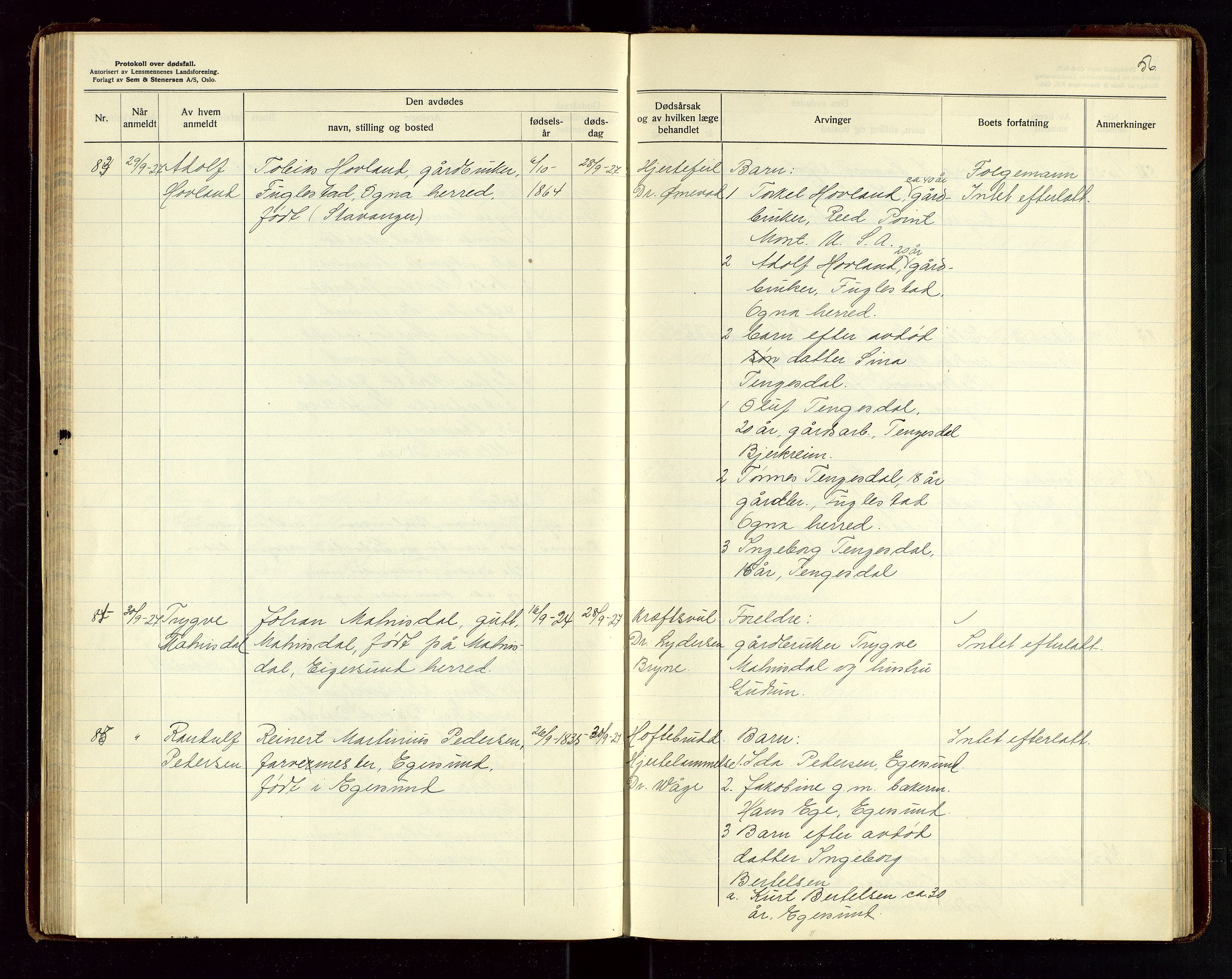 Eigersund lensmannskontor, AV/SAST-A-100171/Gga/L0010: "Protokoll over anmeldte dødsfall" m/alfabetisk navneregister, 1926-1928, s. 56