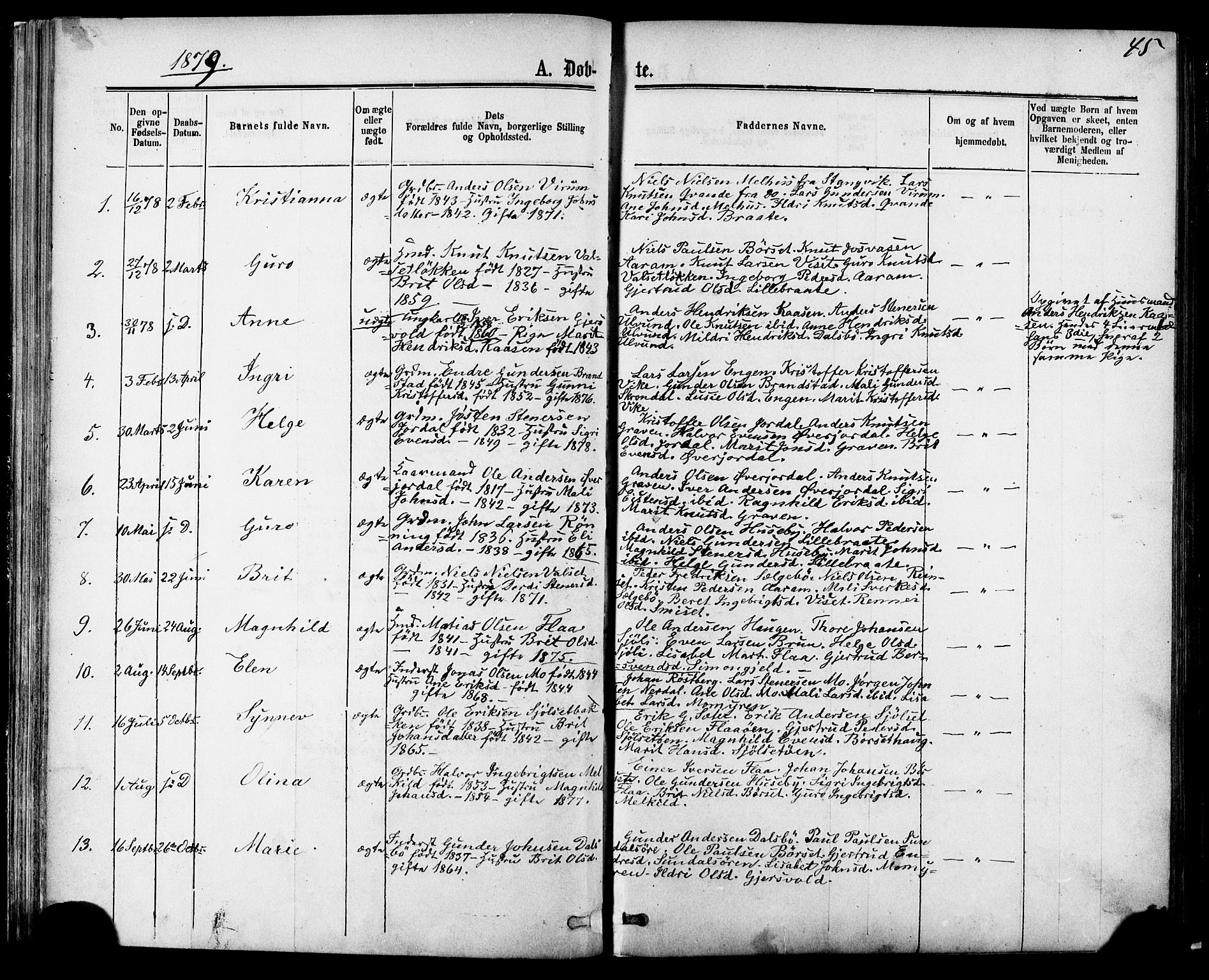 Ministerialprotokoller, klokkerbøker og fødselsregistre - Møre og Romsdal, AV/SAT-A-1454/588/L1005: Ministerialbok nr. 588A02, 1871-1885, s. 45