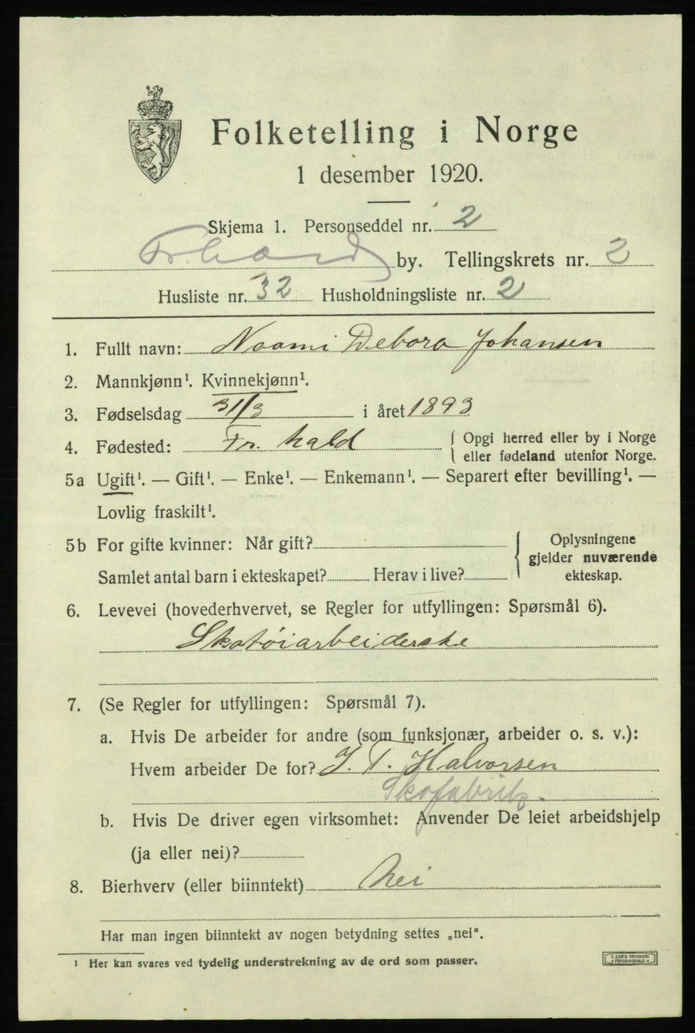 SAO, Folketelling 1920 for 0101 Fredrikshald kjøpstad, 1920, s. 10111