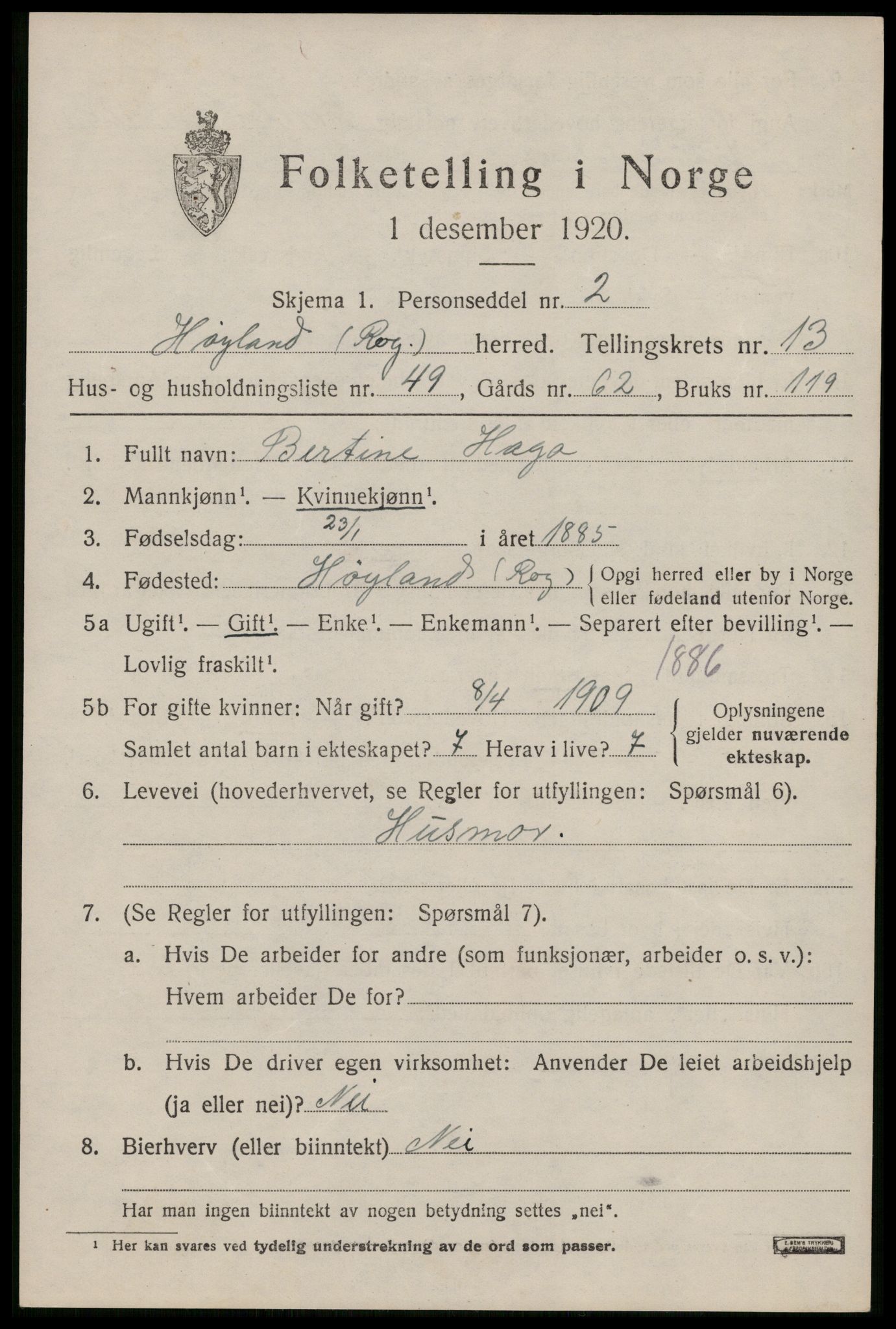 SAST, Folketelling 1920 for 1123 Høyland herred, 1920, s. 11466