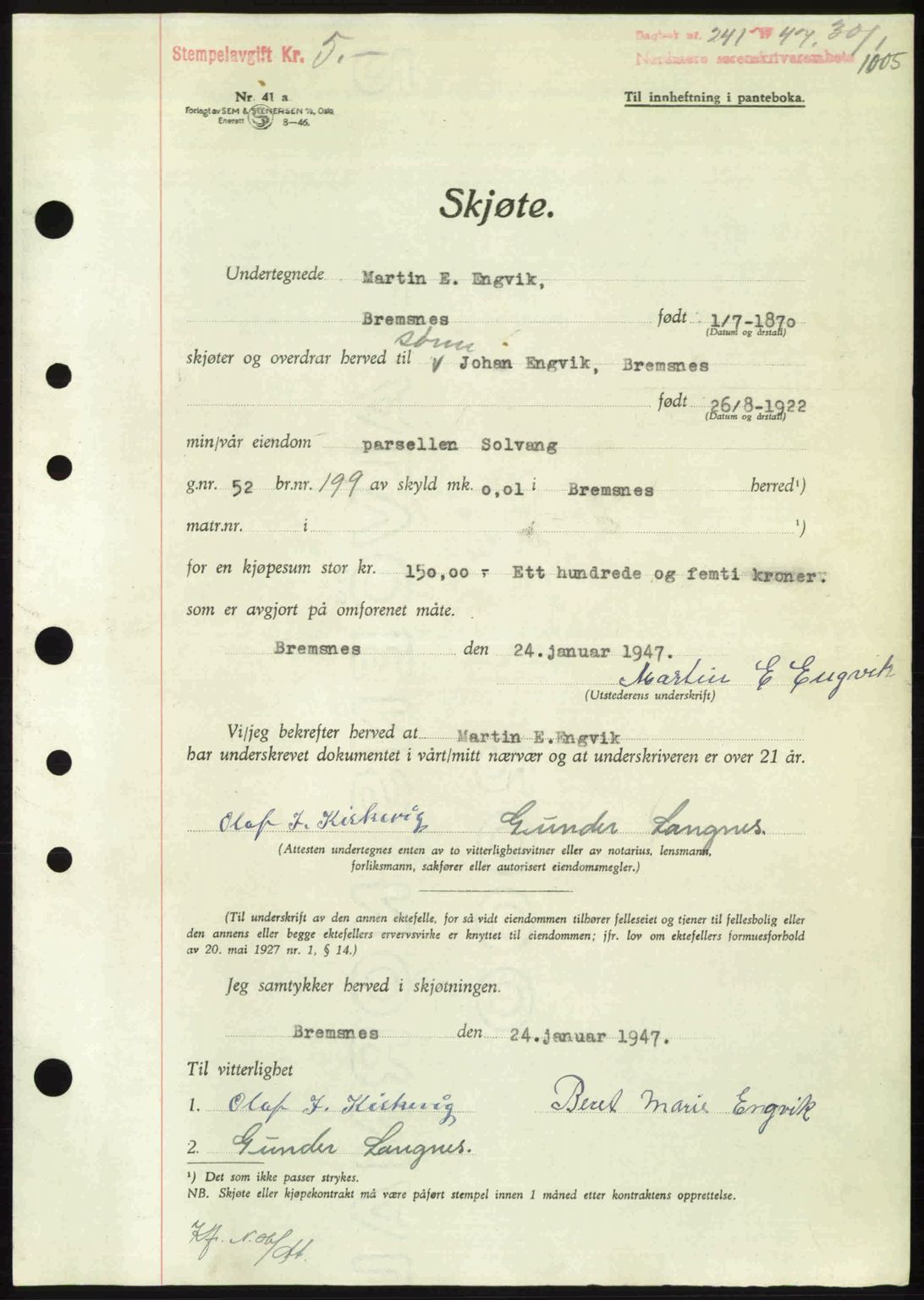 Nordmøre sorenskriveri, AV/SAT-A-4132/1/2/2Ca: Pantebok nr. A103, 1946-1947, Dagboknr: 241/1947