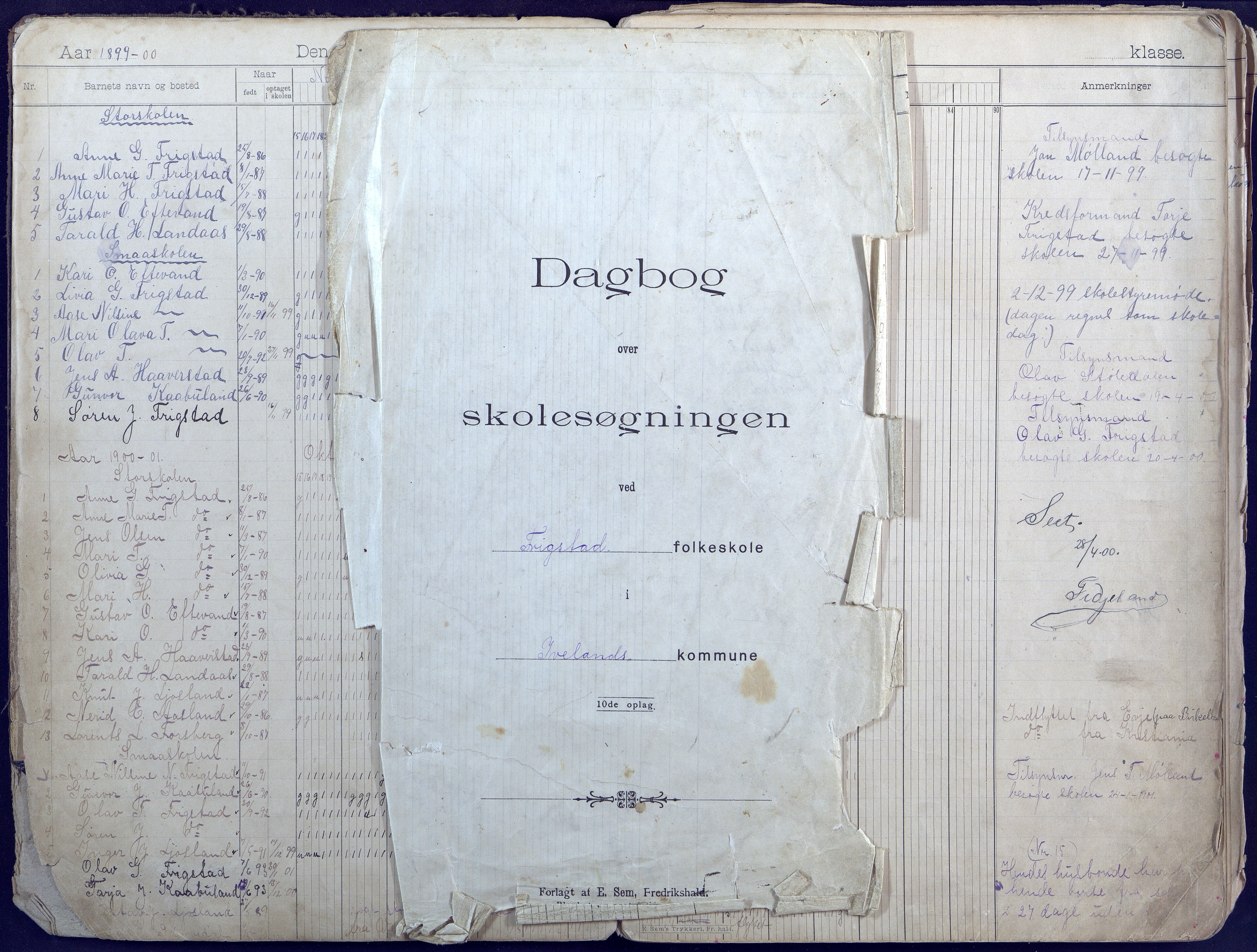 Iveland kommune, De enkelte kretsene/Skolene, AAKS/KA0935-550/A_7/L0003: Dagbok for Frigstad  og Ljosland skole, 1899-1946