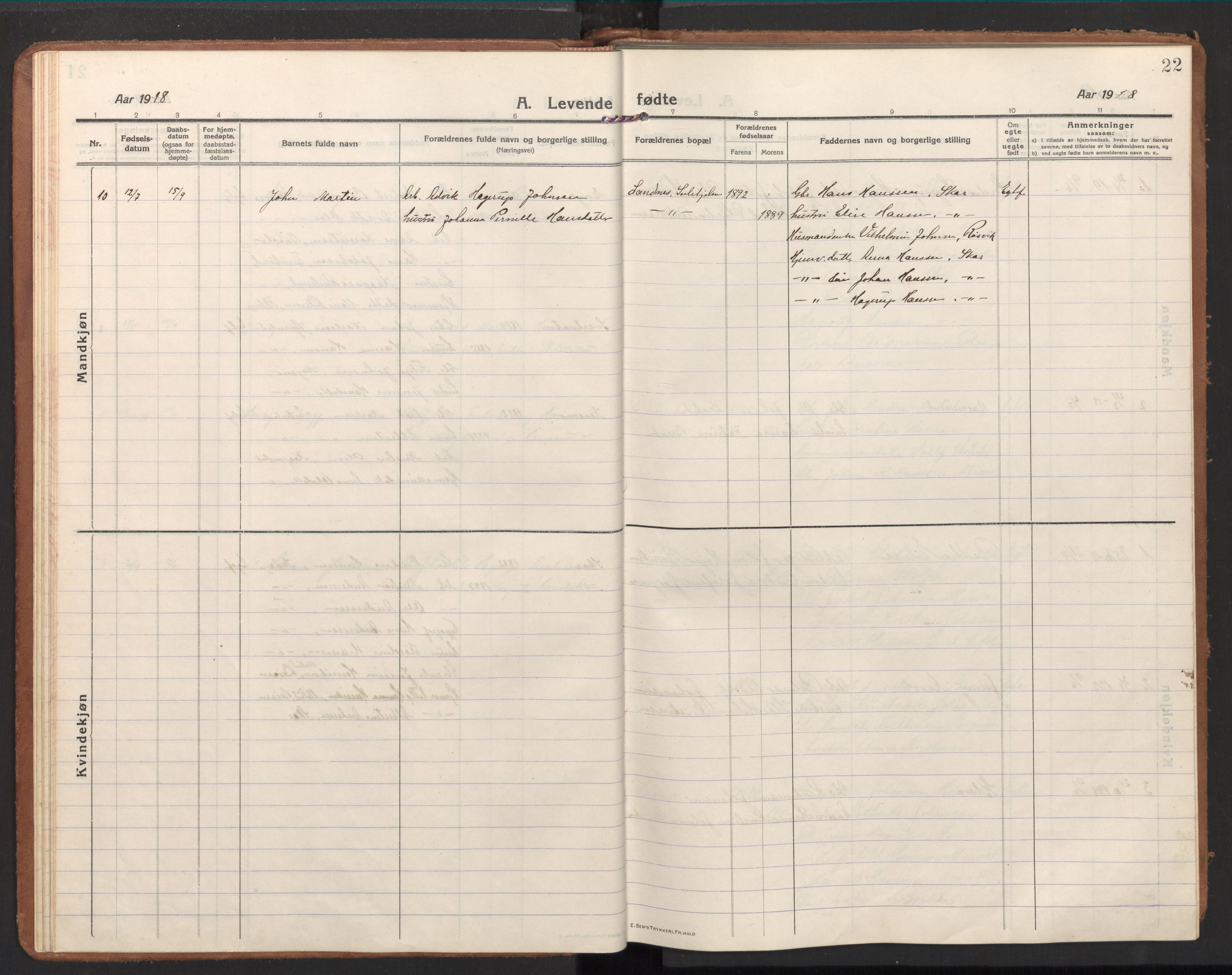 Ministerialprotokoller, klokkerbøker og fødselsregistre - Nordland, AV/SAT-A-1459/848/L0688: Ministerialbok nr. 848A01, 1913-1935, s. 22