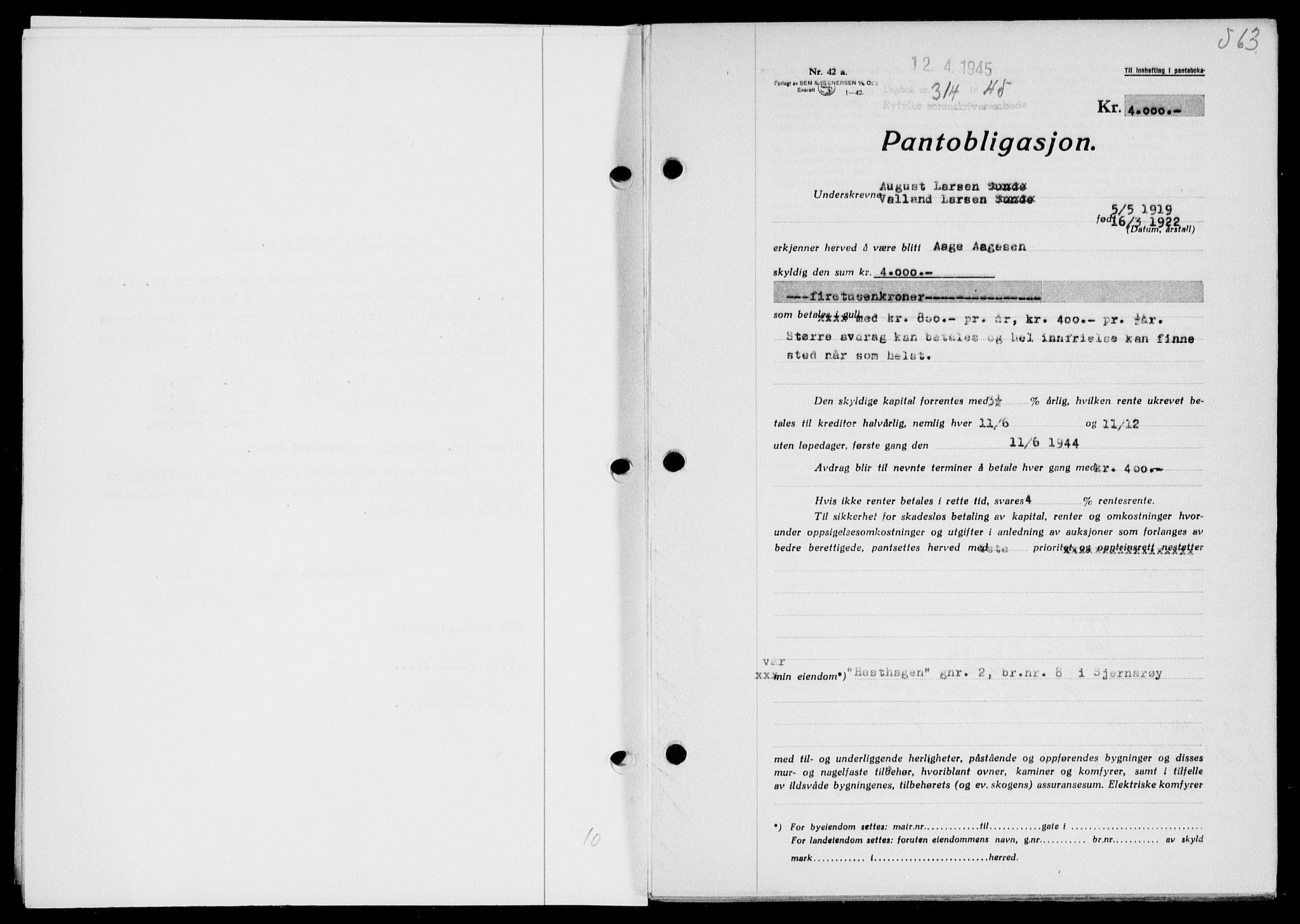 Ryfylke tingrett, SAST/A-100055/001/II/IIB/L0090: Pantebok nr. 69, 1943-1945, Dagboknr: 314/1945