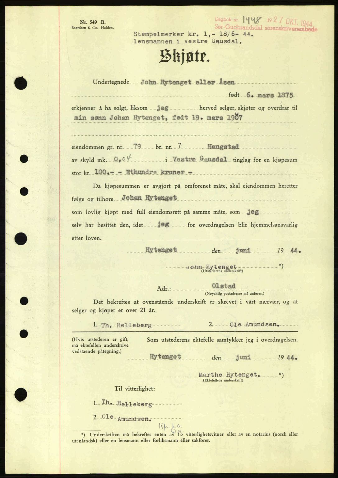 Sør-Gudbrandsdal tingrett, SAH/TING-004/H/Hb/Hbd/L0013: Pantebok nr. A13, 1944-1944, Dagboknr: 1448/1944