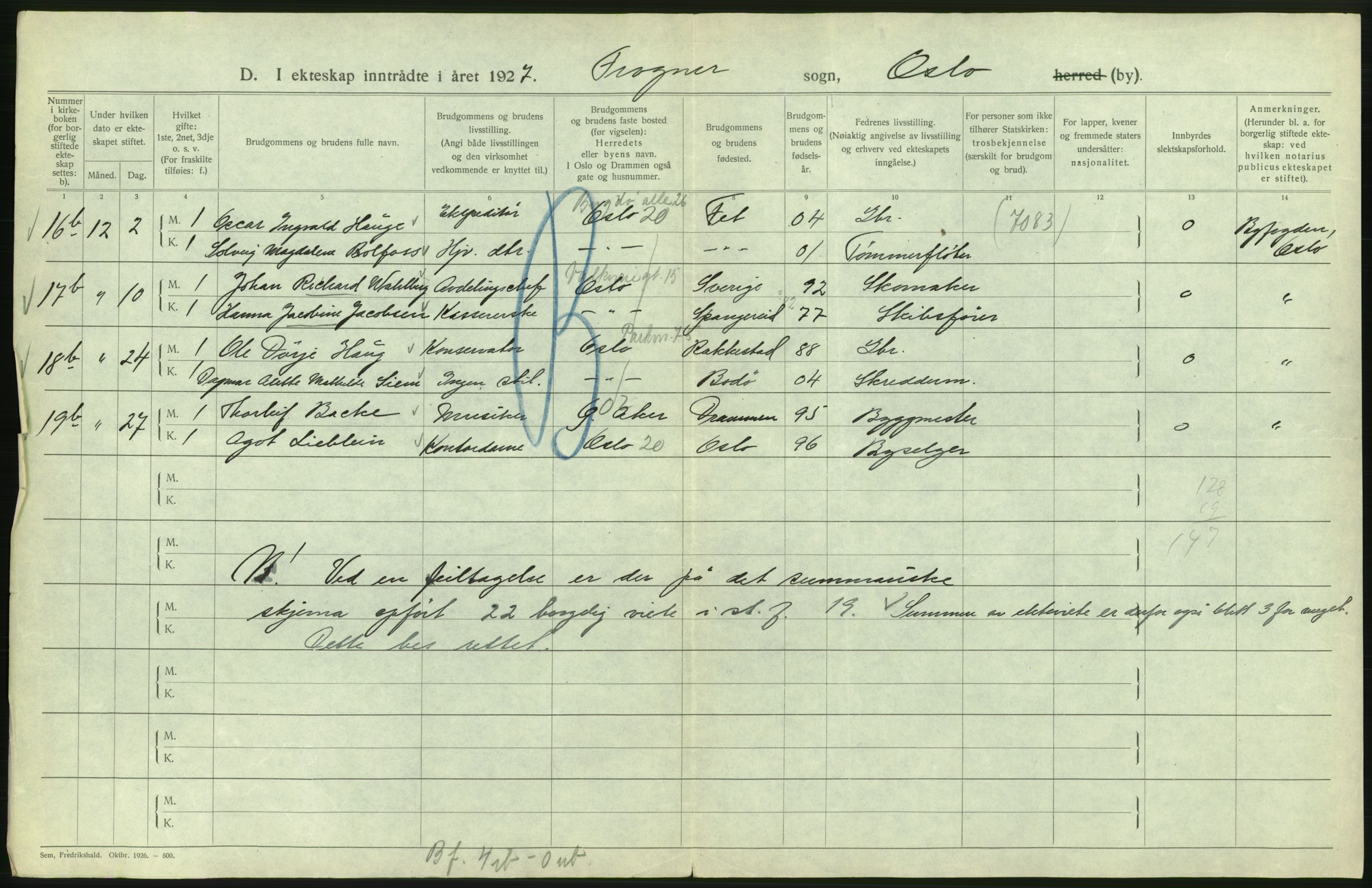 Statistisk sentralbyrå, Sosiodemografiske emner, Befolkning, AV/RA-S-2228/D/Df/Dfc/Dfcg/L0008: Oslo: Gifte, 1927, s. 200