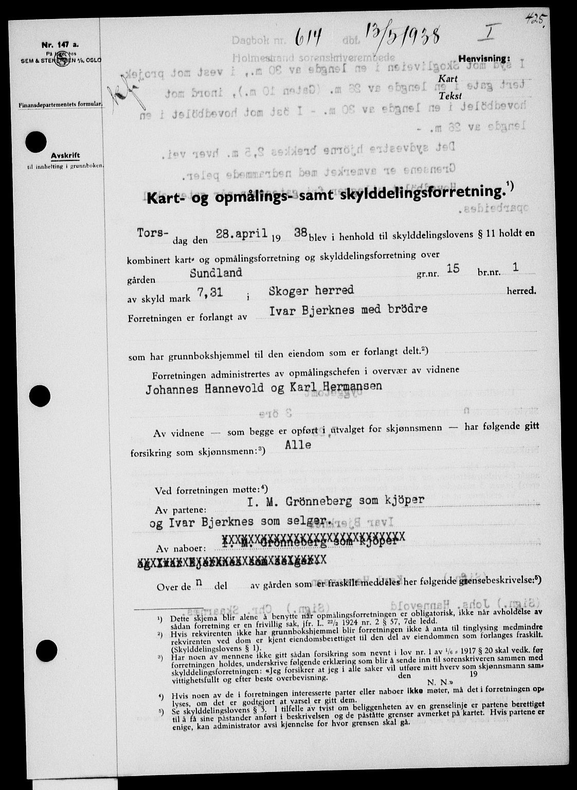 Holmestrand sorenskriveri, SAKO/A-67/G/Ga/Gaa/L0049: Pantebok nr. A-49, 1937-1938, Dagboknr: 614/1938