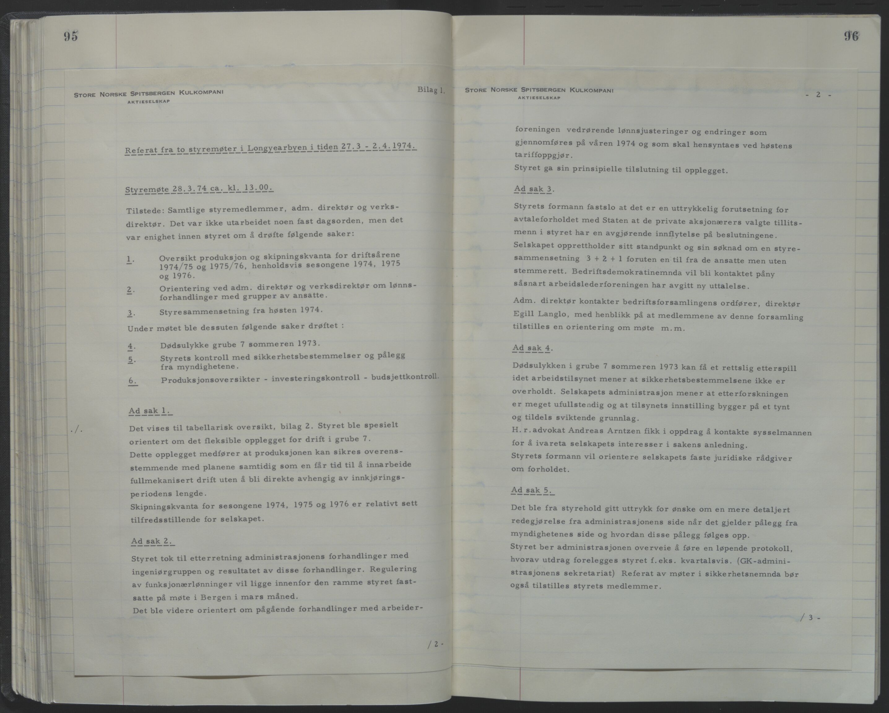 Store Norske Spitsbergen Kulkompani A/S, AV/SATØ-P-0073/09/A/Ab/Aba/L0001: Styreprotokoll 6, 1970-1979, s. 95-96