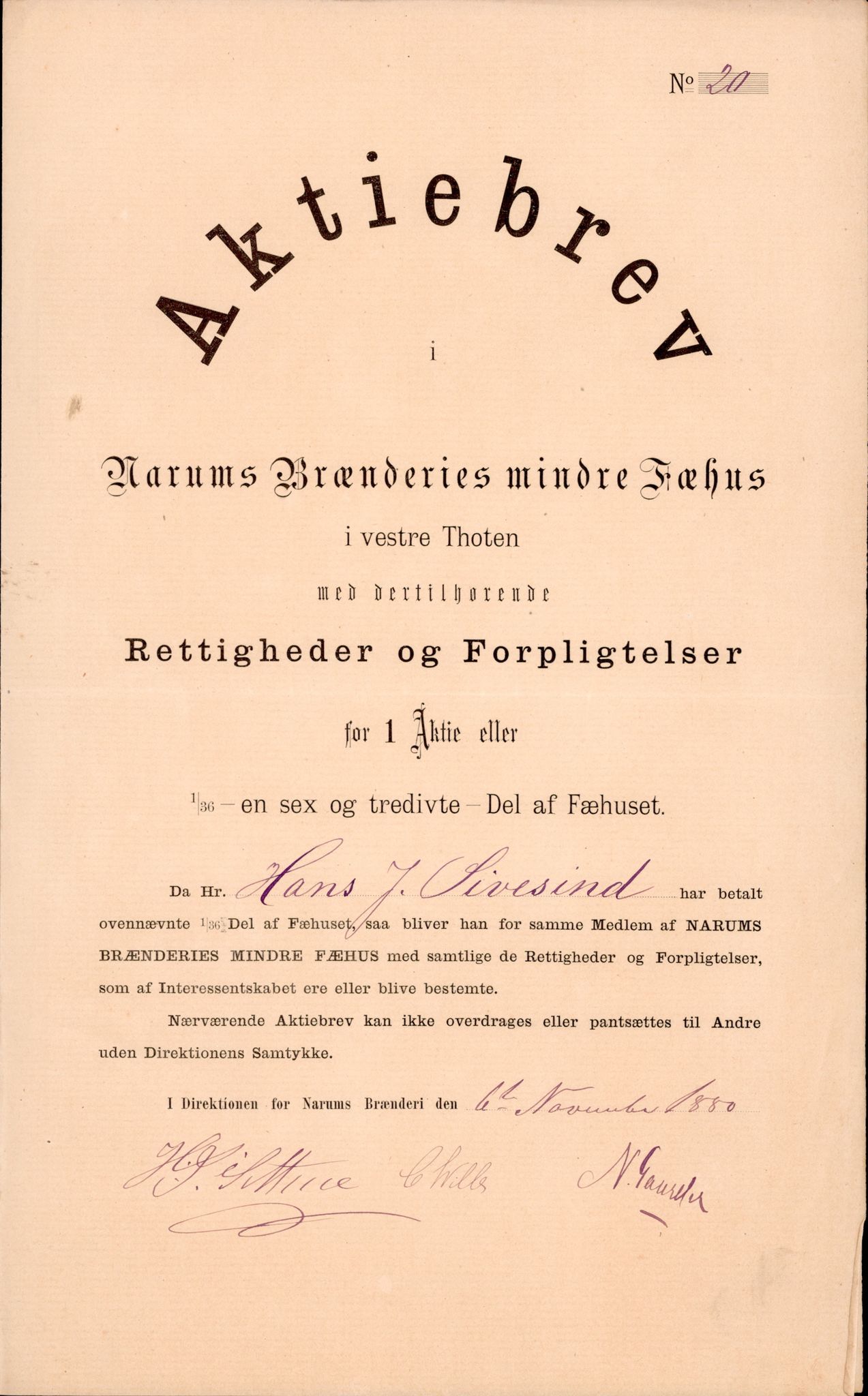 Narum Brenneri, OAMM/T-A-00012/F/0001/0001 / Aksjebrever Mindre og Større Fehus, 1880