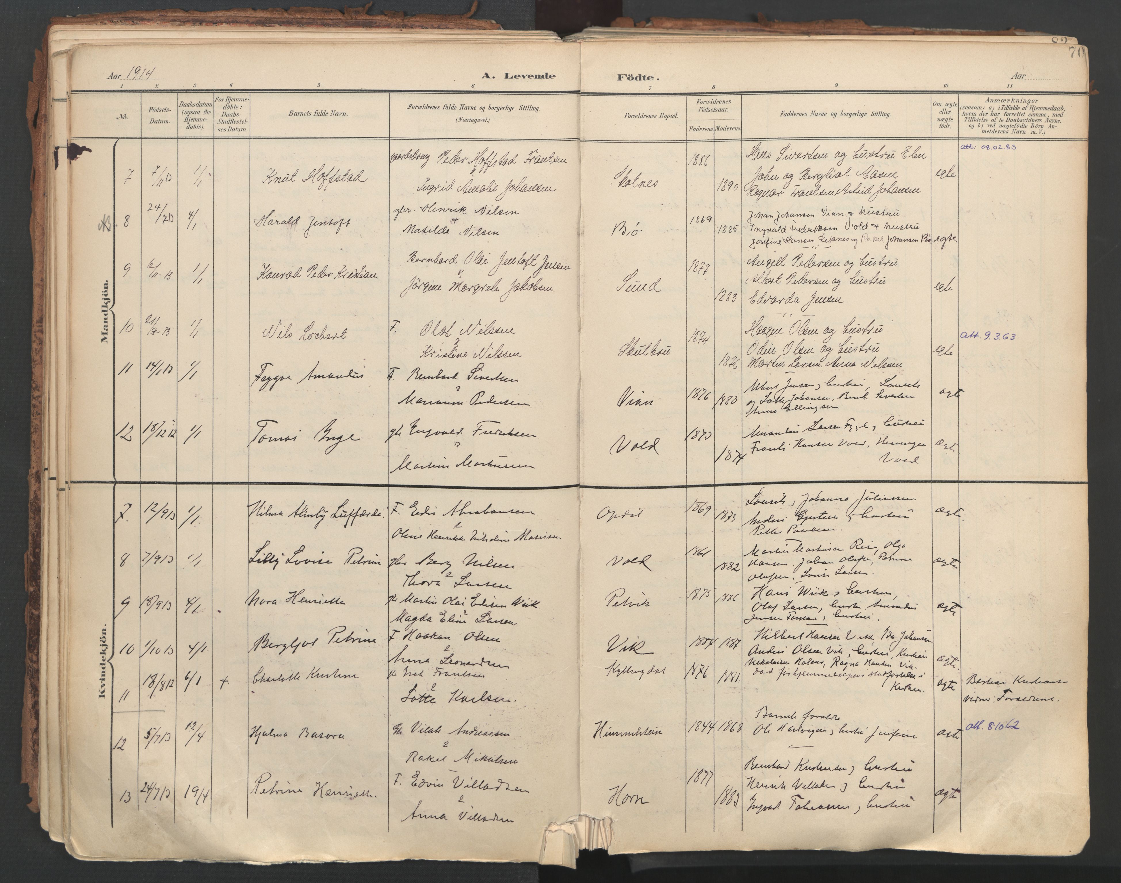 Ministerialprotokoller, klokkerbøker og fødselsregistre - Nordland, AV/SAT-A-1459/881/L1154: Ministerialbok nr. 881A07, 1907-1918, s. 70
