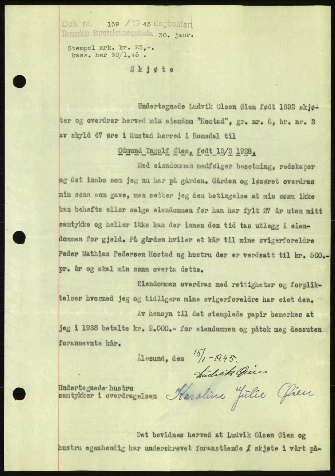 Romsdal sorenskriveri, SAT/A-4149/1/2/2C: Pantebok nr. A17, 1944-1945, Dagboknr: 139/1945