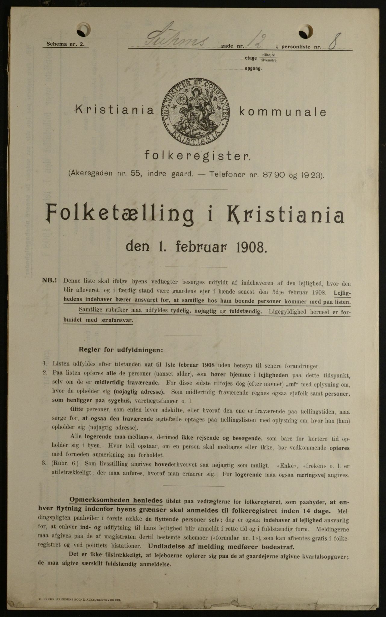 OBA, Kommunal folketelling 1.2.1908 for Kristiania kjøpstad, 1908, s. 94109