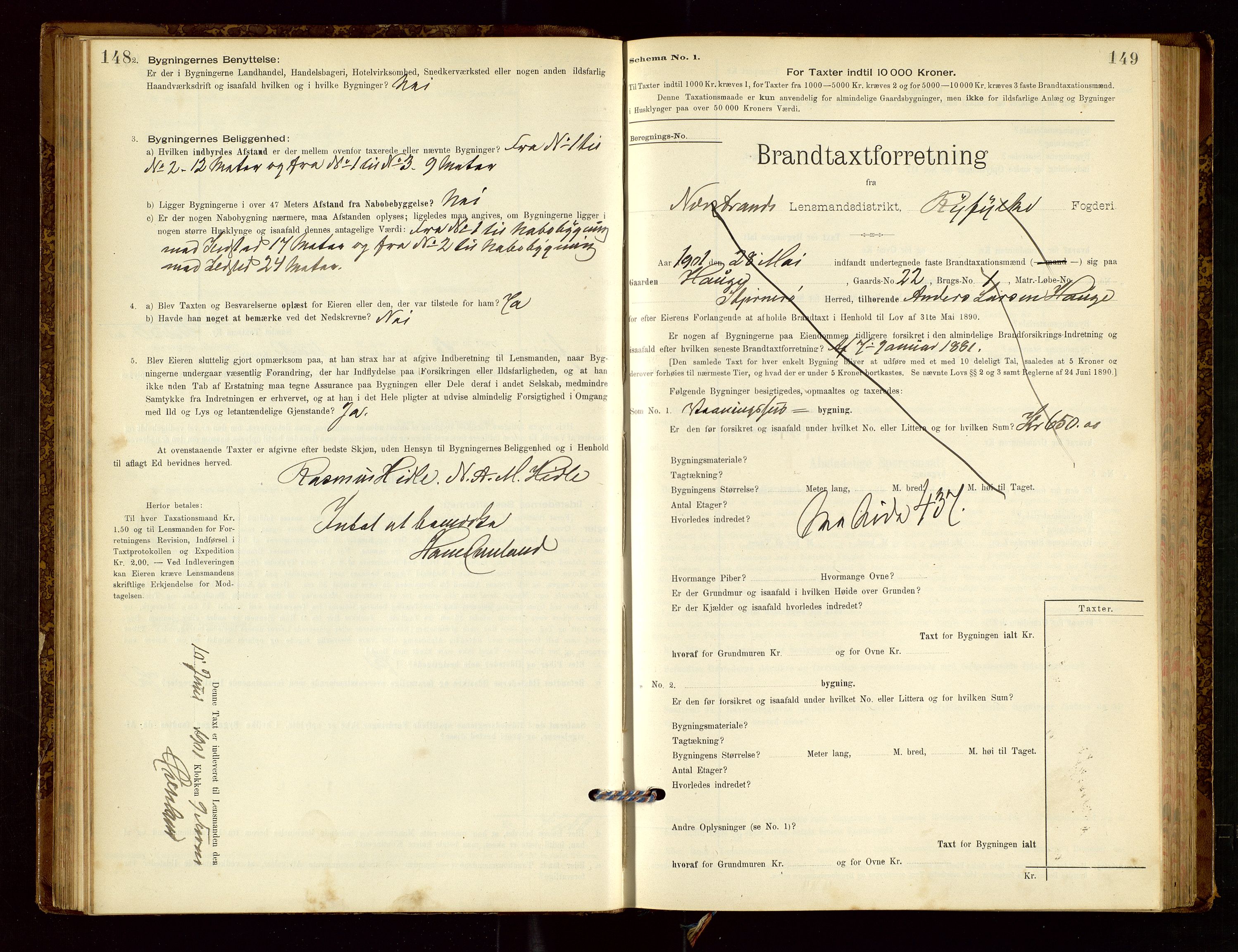 Nedstrand lensmannskontor, SAST/A-100236/Gob/L0001: "Brandtaxationsprotokol for Nerstrand Lensmandsdistrikt Ryfylke fogderi", 1895-1915, s. 148-149