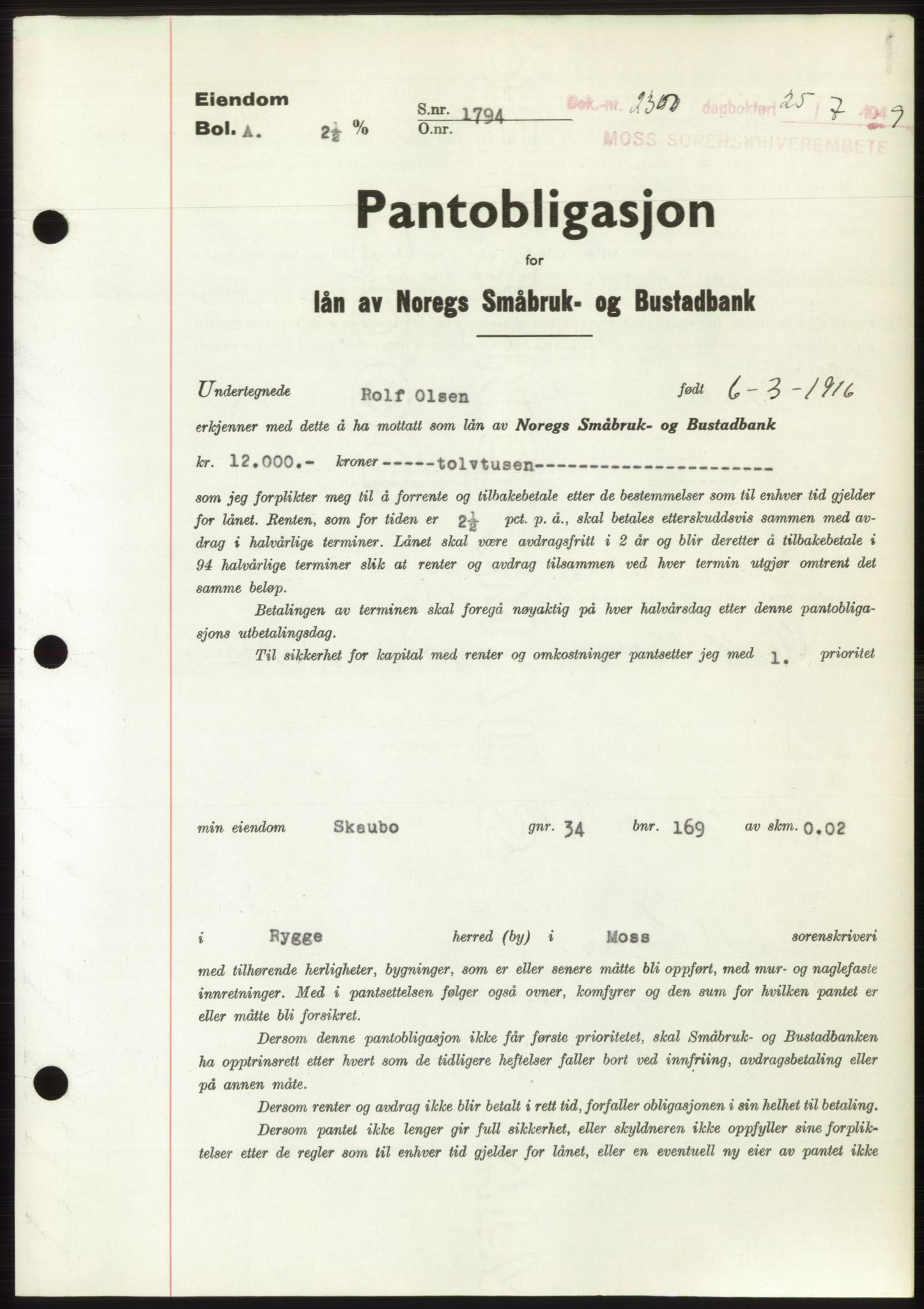Moss sorenskriveri, SAO/A-10168: Pantebok nr. B22, 1949-1949, Dagboknr: 2300/1949