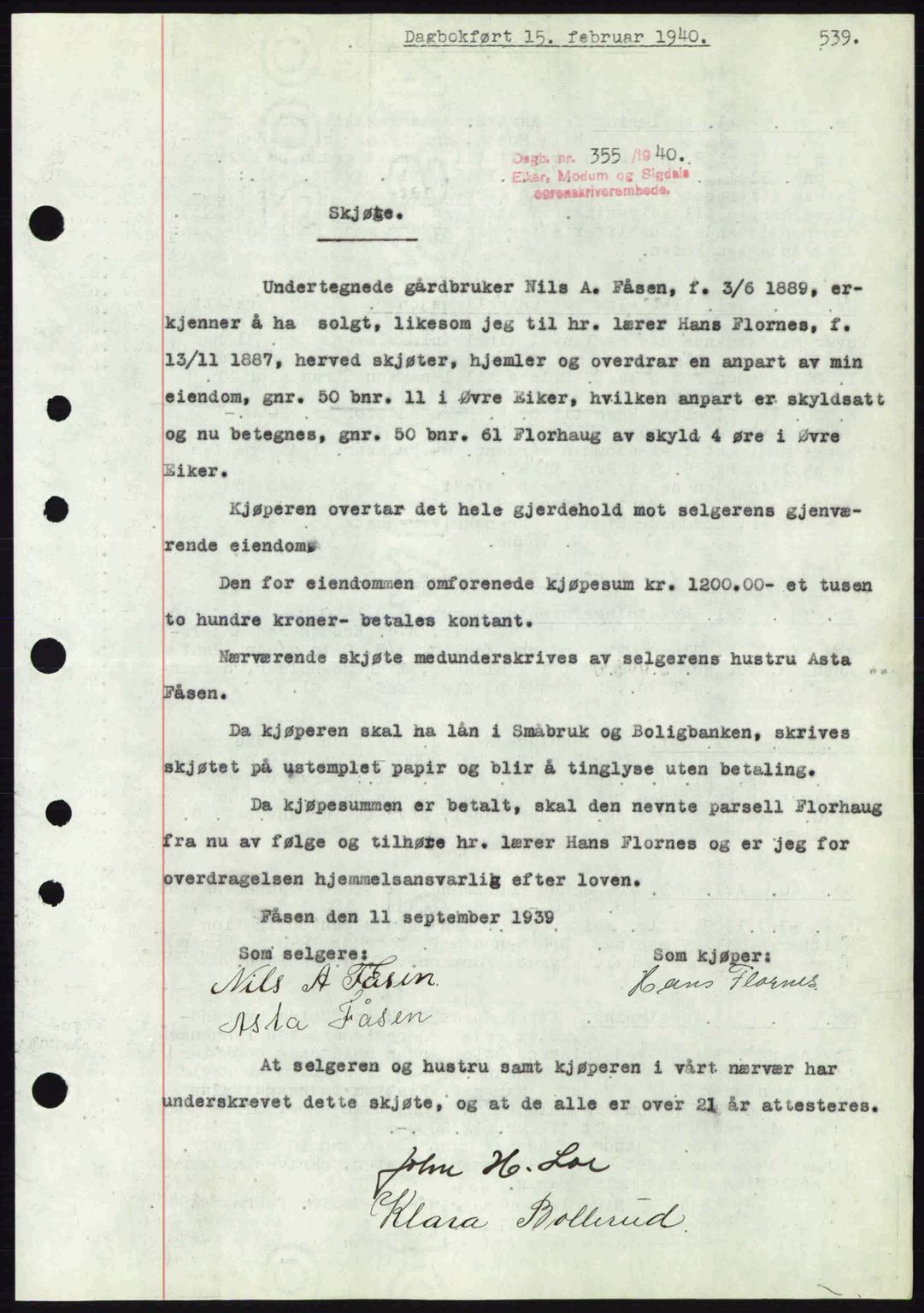 Eiker, Modum og Sigdal sorenskriveri, SAKO/A-123/G/Ga/Gab/L0041: Pantebok nr. A11, 1939-1940, Dagboknr: 355/1940