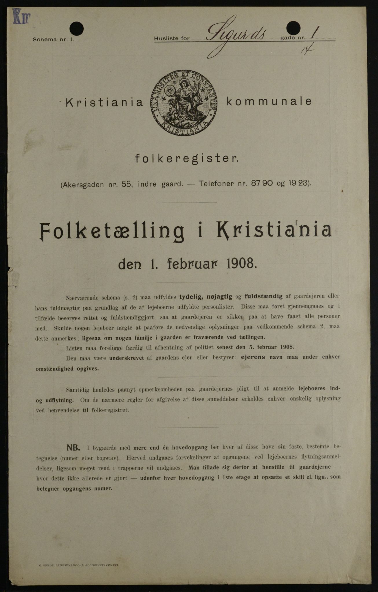 OBA, Kommunal folketelling 1.2.1908 for Kristiania kjøpstad, 1908, s. 85308