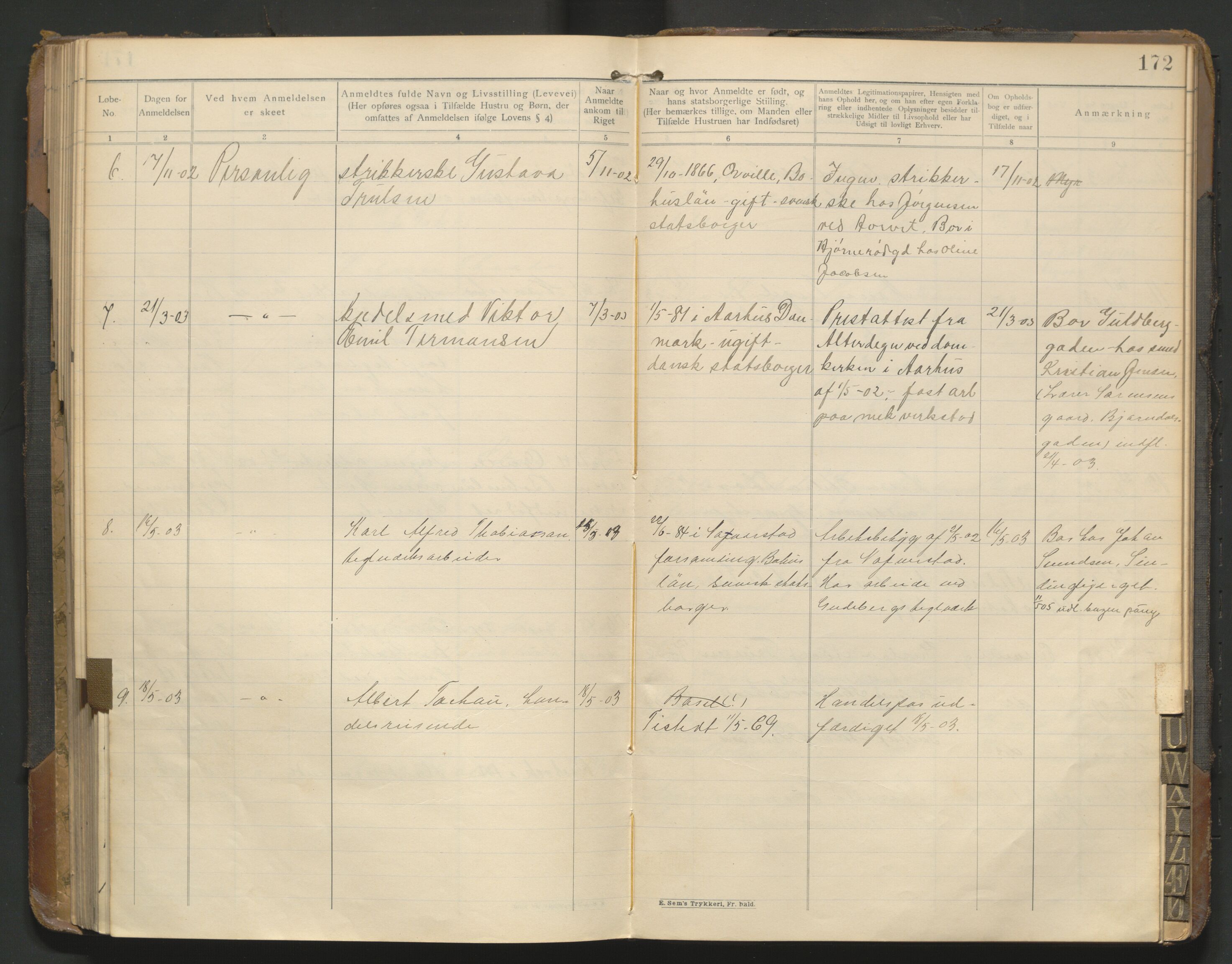 Fredrikstad politikammer, AV/SAO-A-10055/H/Hb/Hba/L0001: Protokoll over fremmede statsborgere, 1901-1916, s. 171b-172a