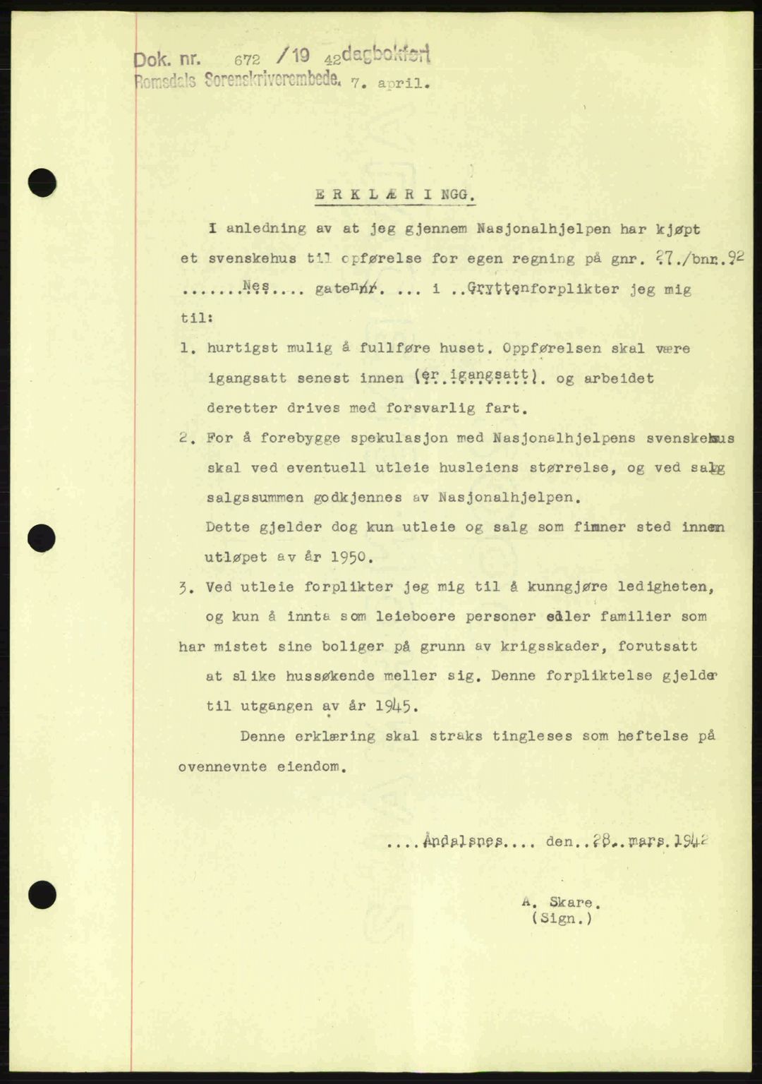 Romsdal sorenskriveri, SAT/A-4149/1/2/2C: Pantebok nr. B2, 1939-1945, Dagboknr: 672/1942
