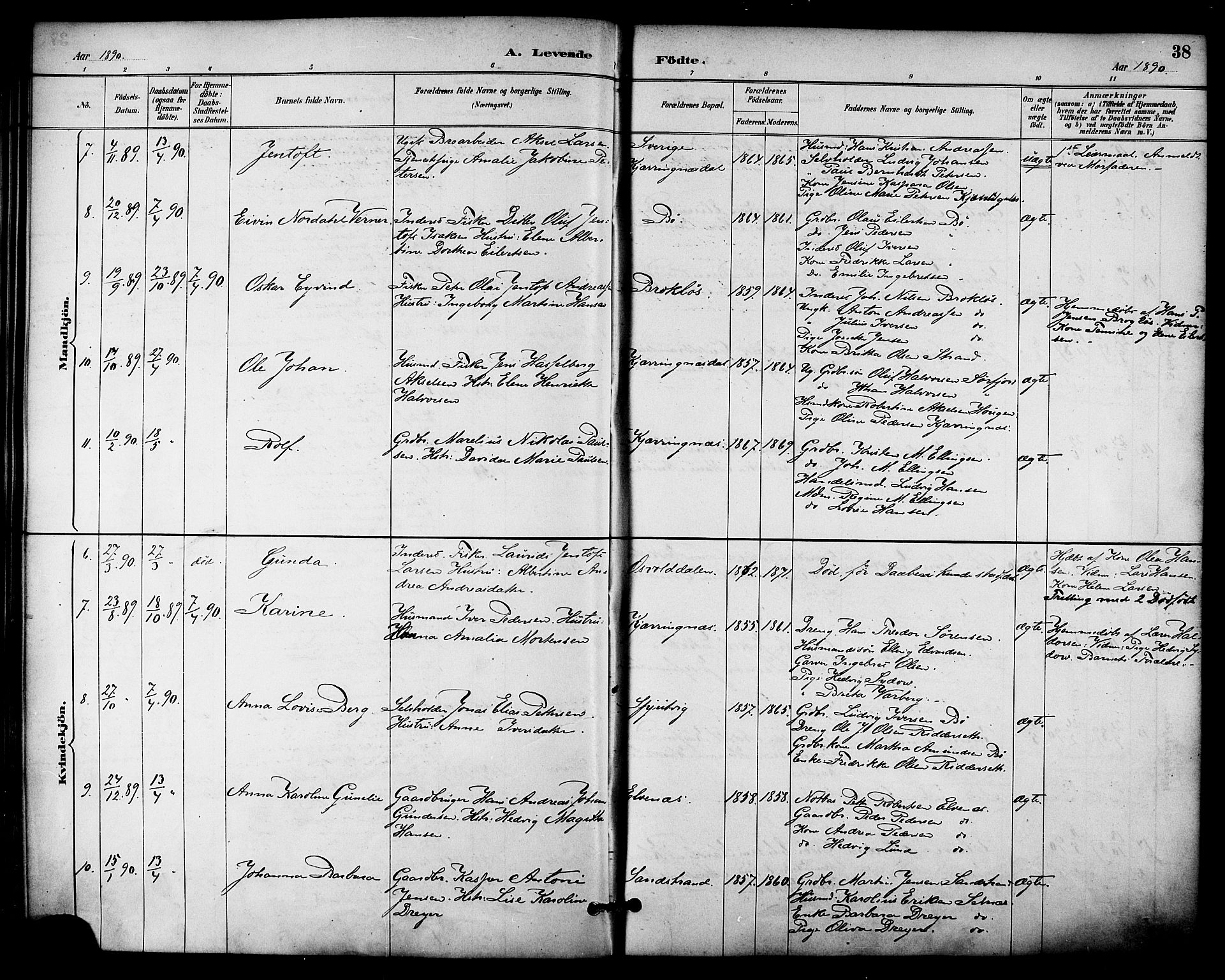 Ministerialprotokoller, klokkerbøker og fødselsregistre - Nordland, AV/SAT-A-1459/895/L1371: Ministerialbok nr. 895A06, 1885-1894, s. 38