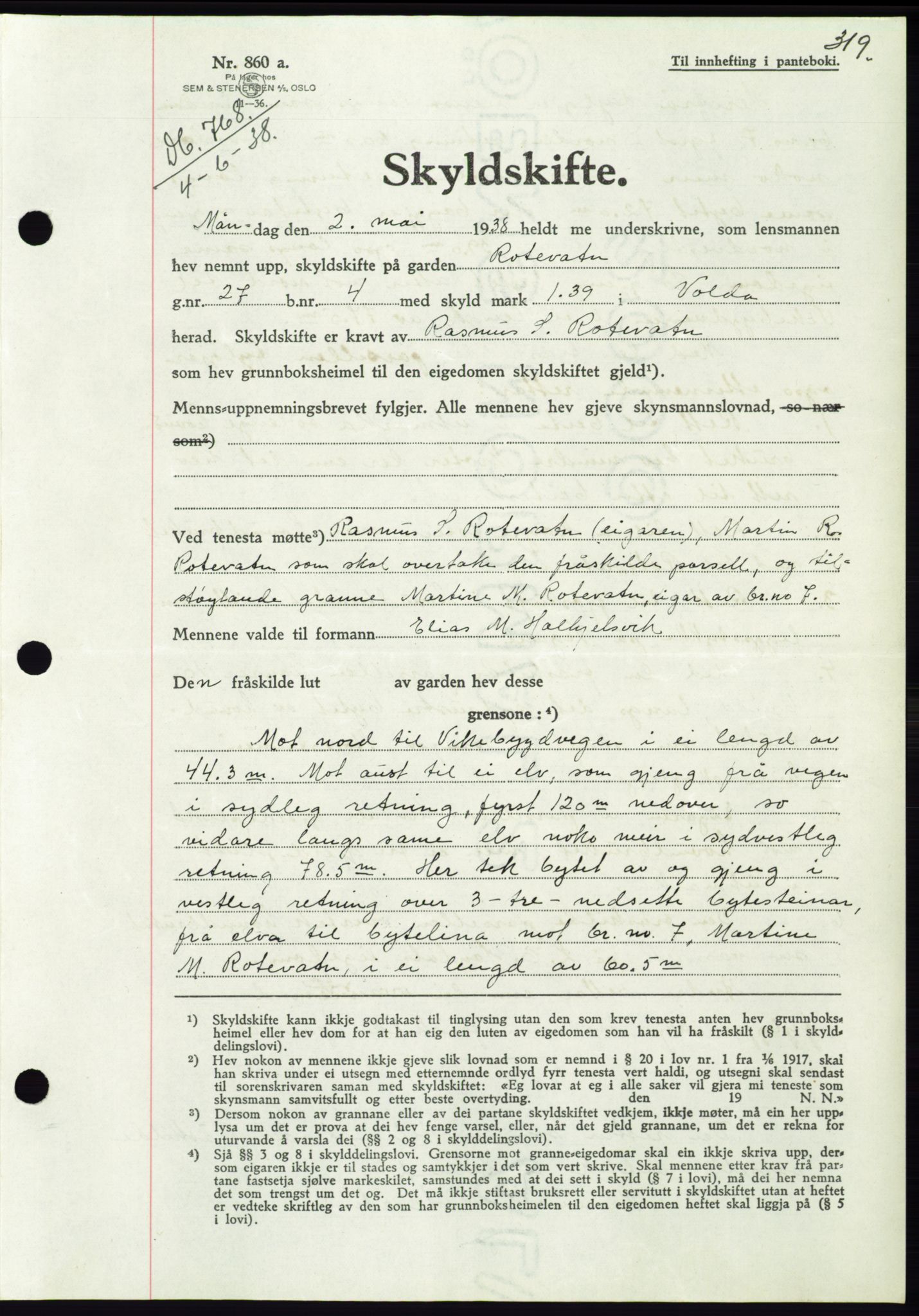 Søre Sunnmøre sorenskriveri, AV/SAT-A-4122/1/2/2C/L0065: Pantebok nr. 59, 1938-1938, Dagboknr: 768/1938