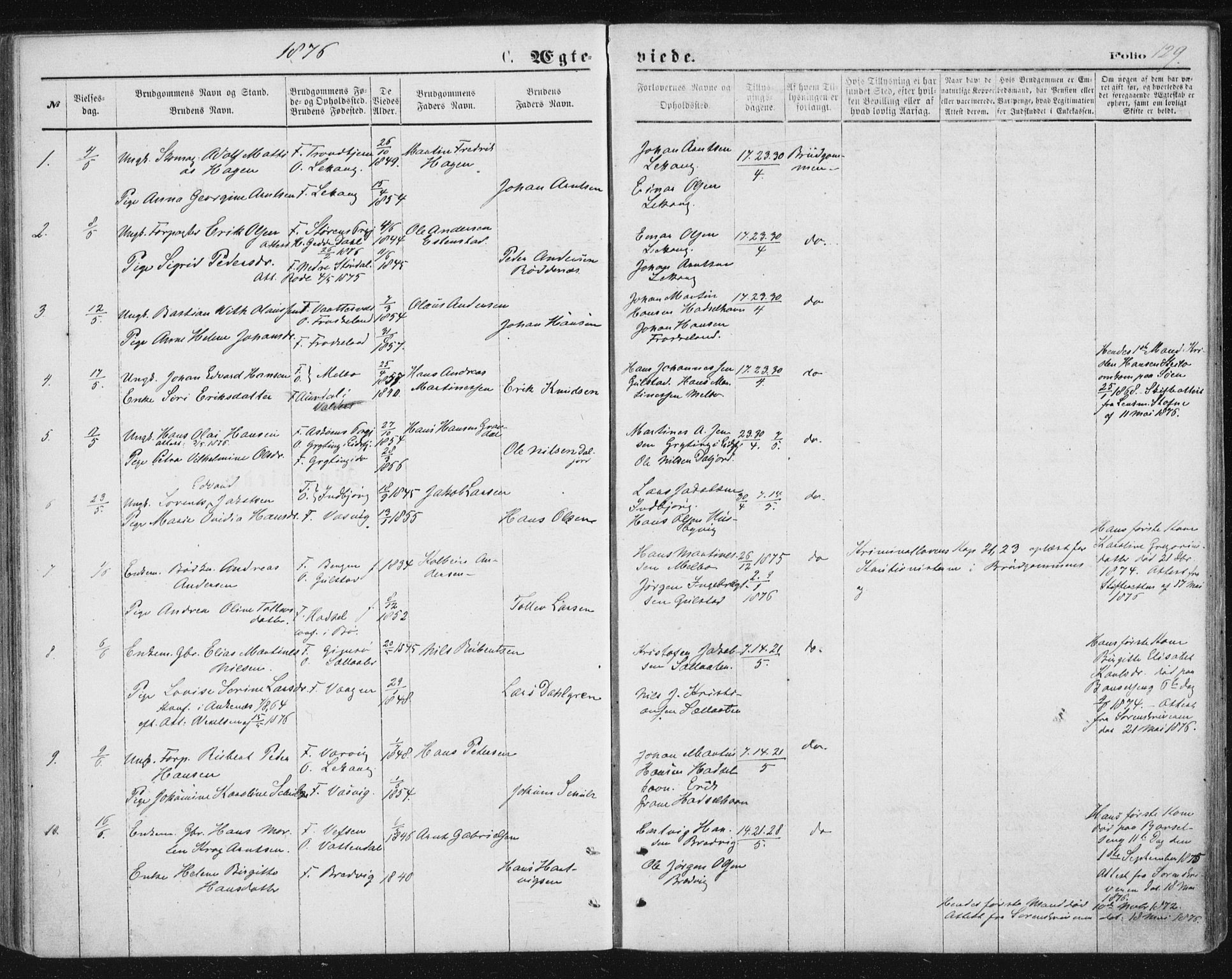 Ministerialprotokoller, klokkerbøker og fødselsregistre - Nordland, AV/SAT-A-1459/888/L1243: Ministerialbok nr. 888A09, 1876-1879, s. 129
