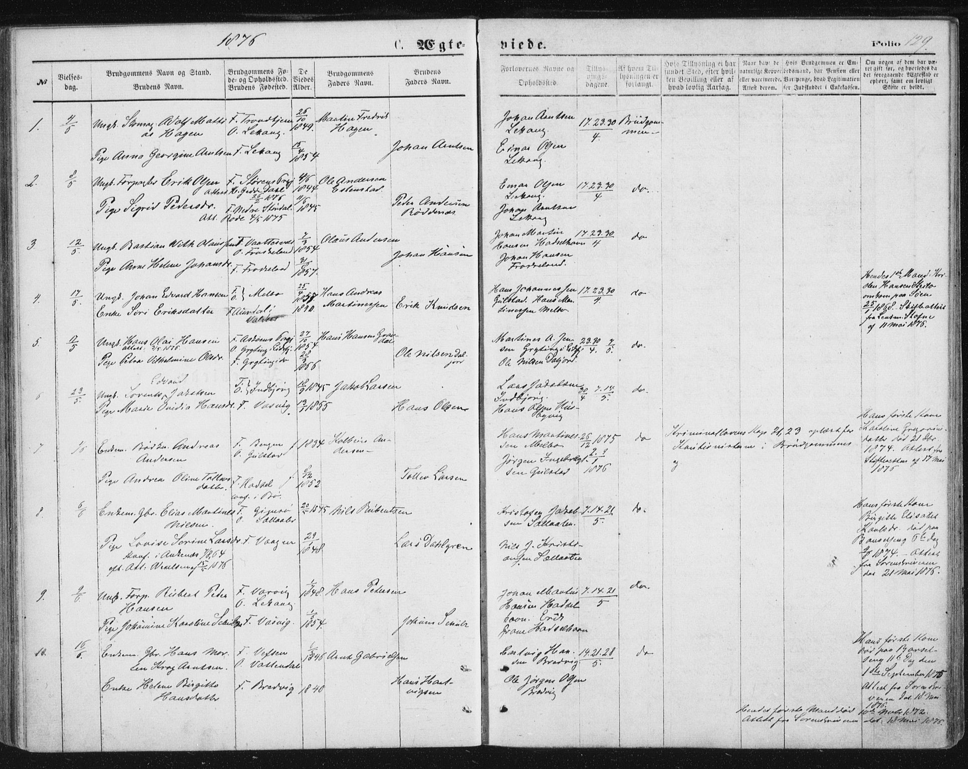 Ministerialprotokoller, klokkerbøker og fødselsregistre - Nordland, SAT/A-1459/888/L1243: Ministerialbok nr. 888A09, 1876-1879, s. 129