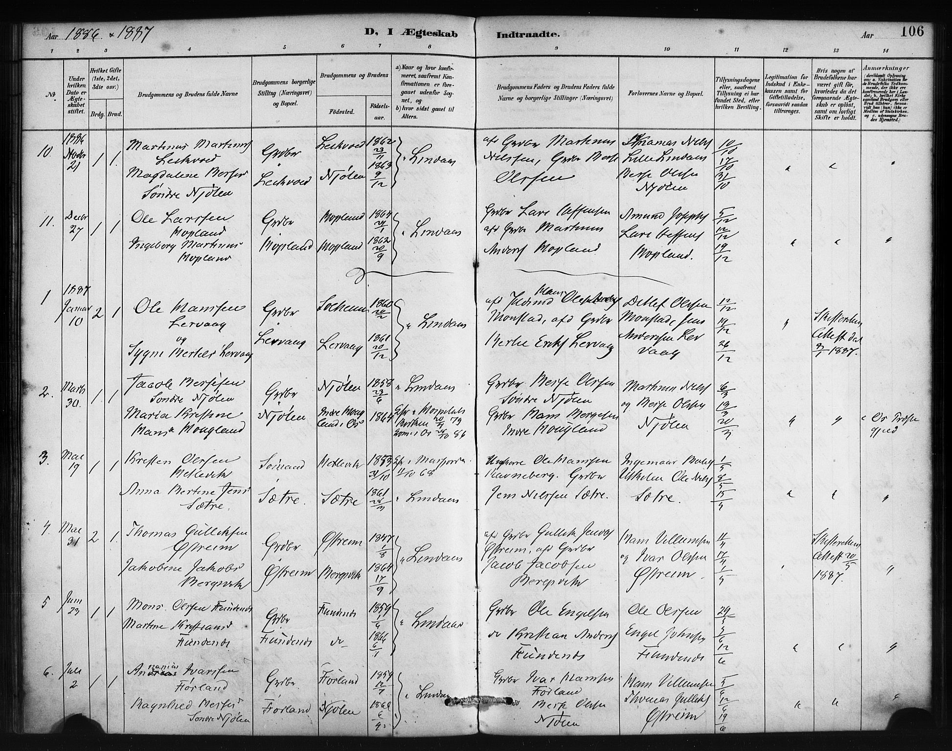 Lindås Sokneprestembete, AV/SAB-A-76701/H/Haa/Haac/L0001: Ministerialbok nr. C 1, 1886-1896, s. 106