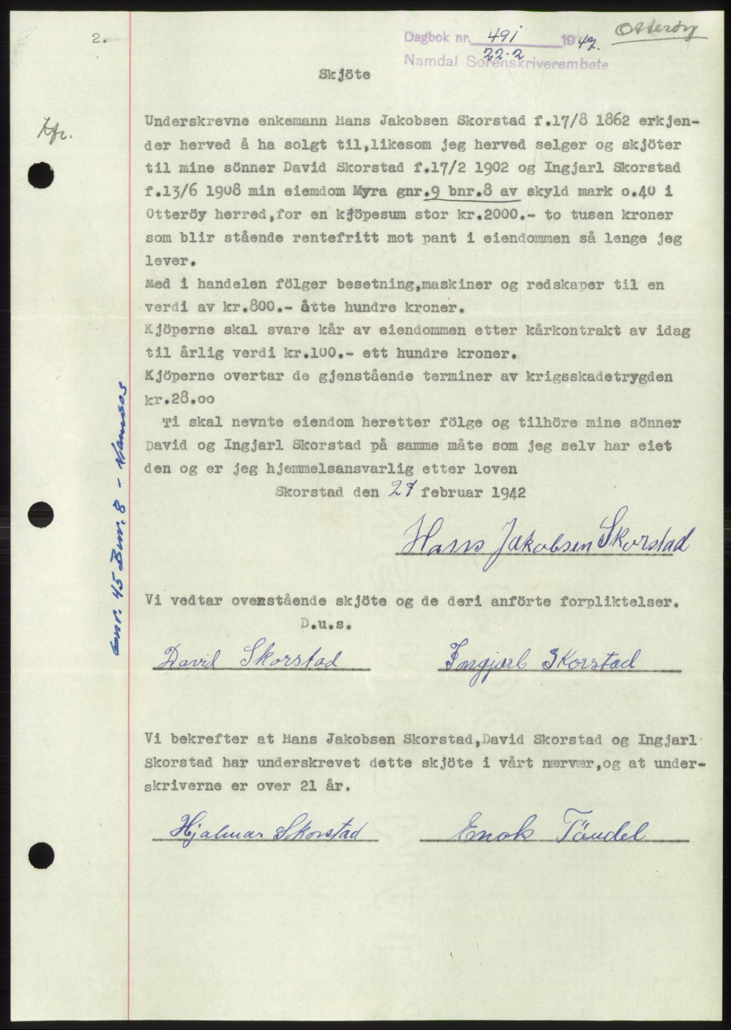 Namdal sorenskriveri, SAT/A-4133/1/2/2C: Pantebok nr. -, 1946-1947, Dagboknr: 491/1947
