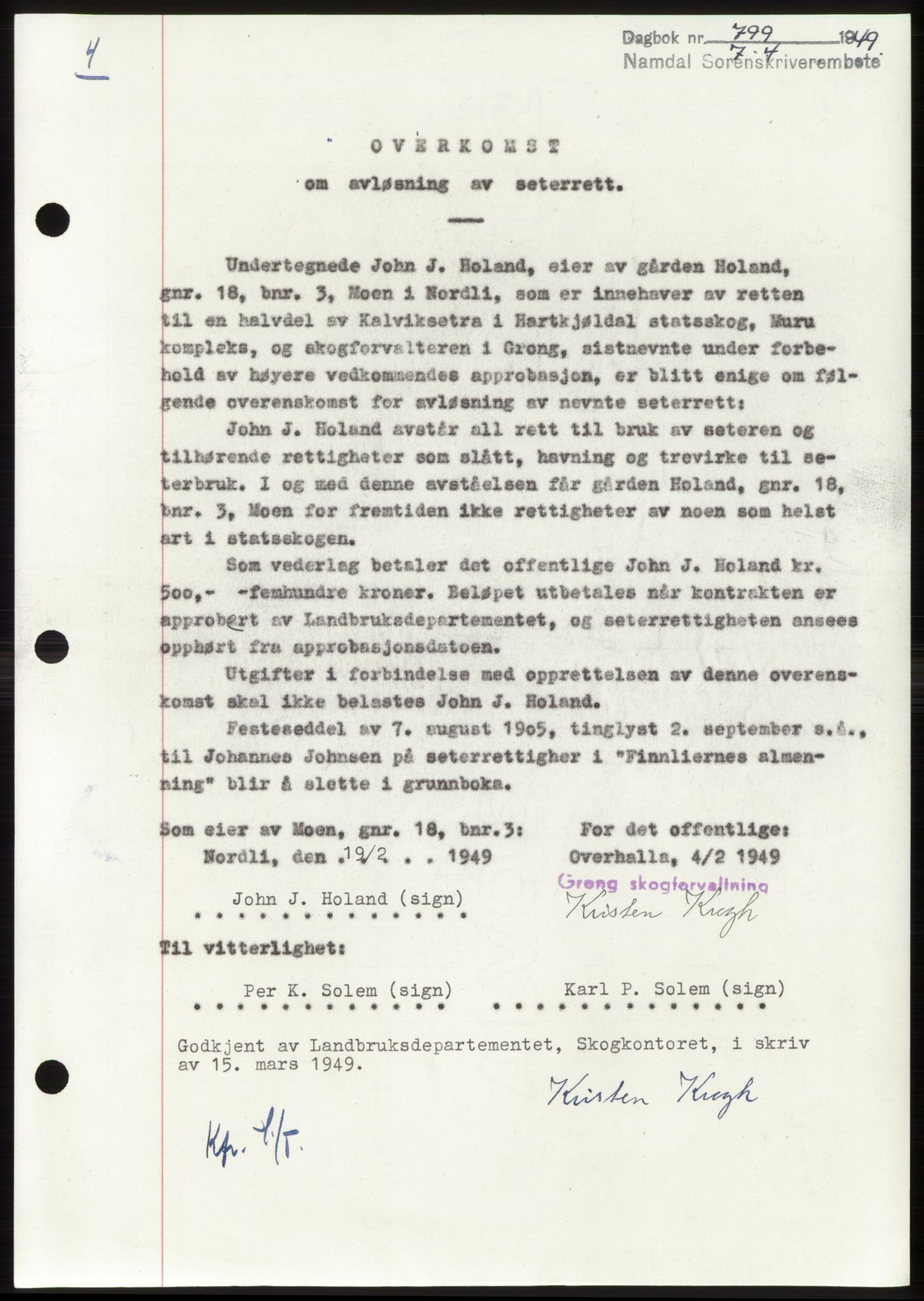 Namdal sorenskriveri, SAT/A-4133/1/2/2C: Pantebok nr. -, 1949-1949, Dagboknr: 799/1949