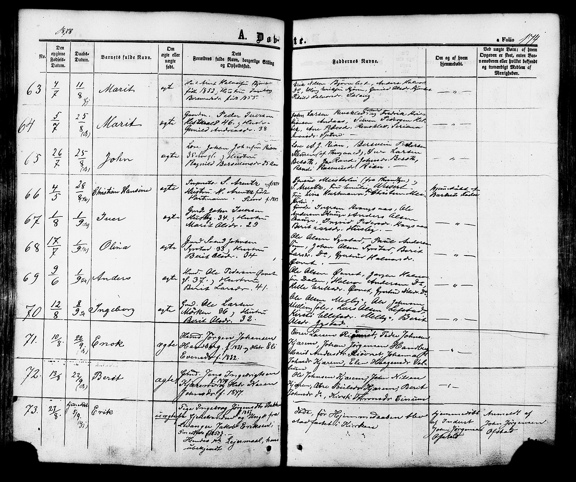 Ministerialprotokoller, klokkerbøker og fødselsregistre - Sør-Trøndelag, AV/SAT-A-1456/665/L0772: Ministerialbok nr. 665A07, 1856-1878, s. 174