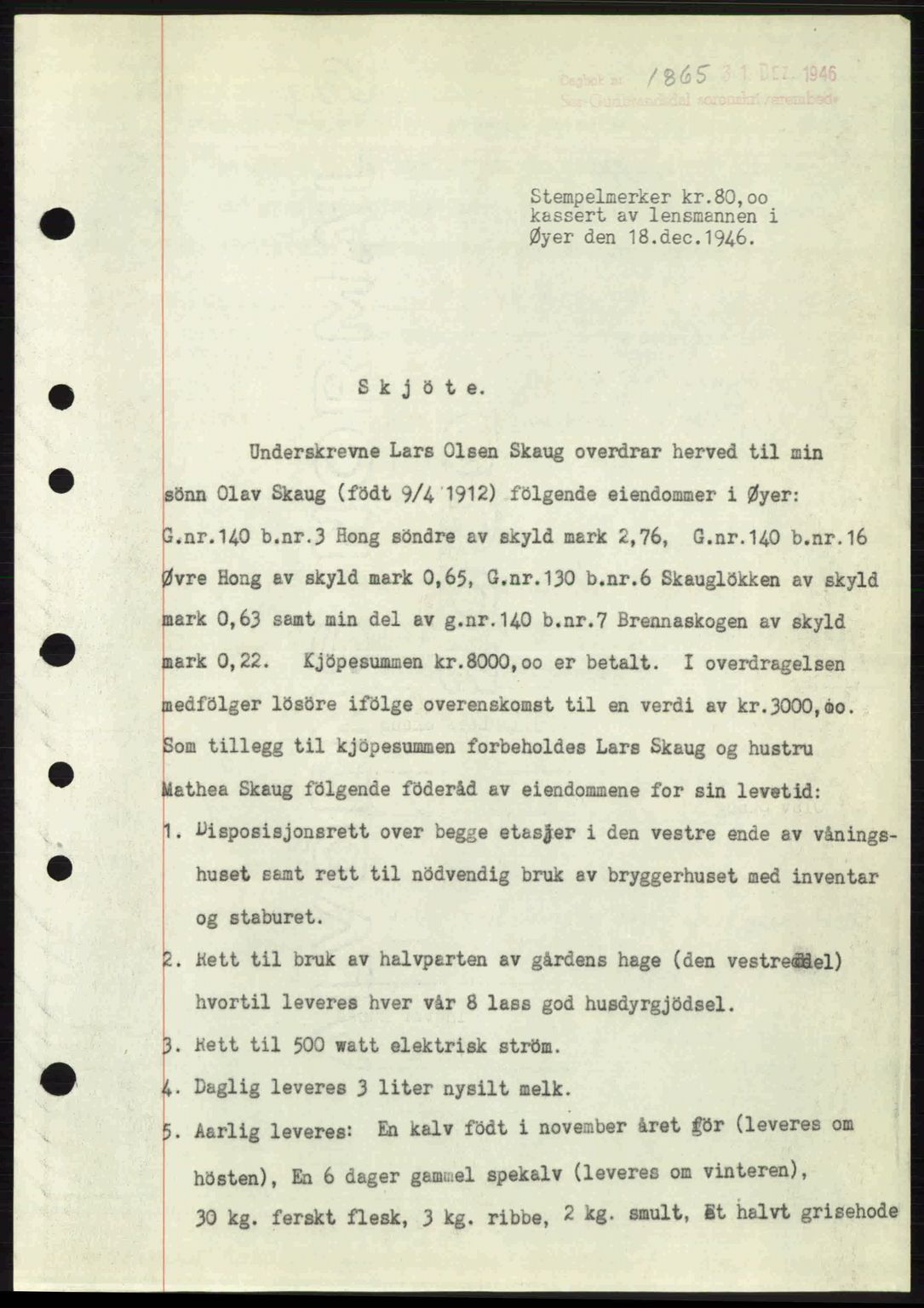 Sør-Gudbrandsdal tingrett, SAH/TING-004/H/Hb/Hbd/L0017: Pantebok nr. A17, 1946-1947, Dagboknr: 1865/1946