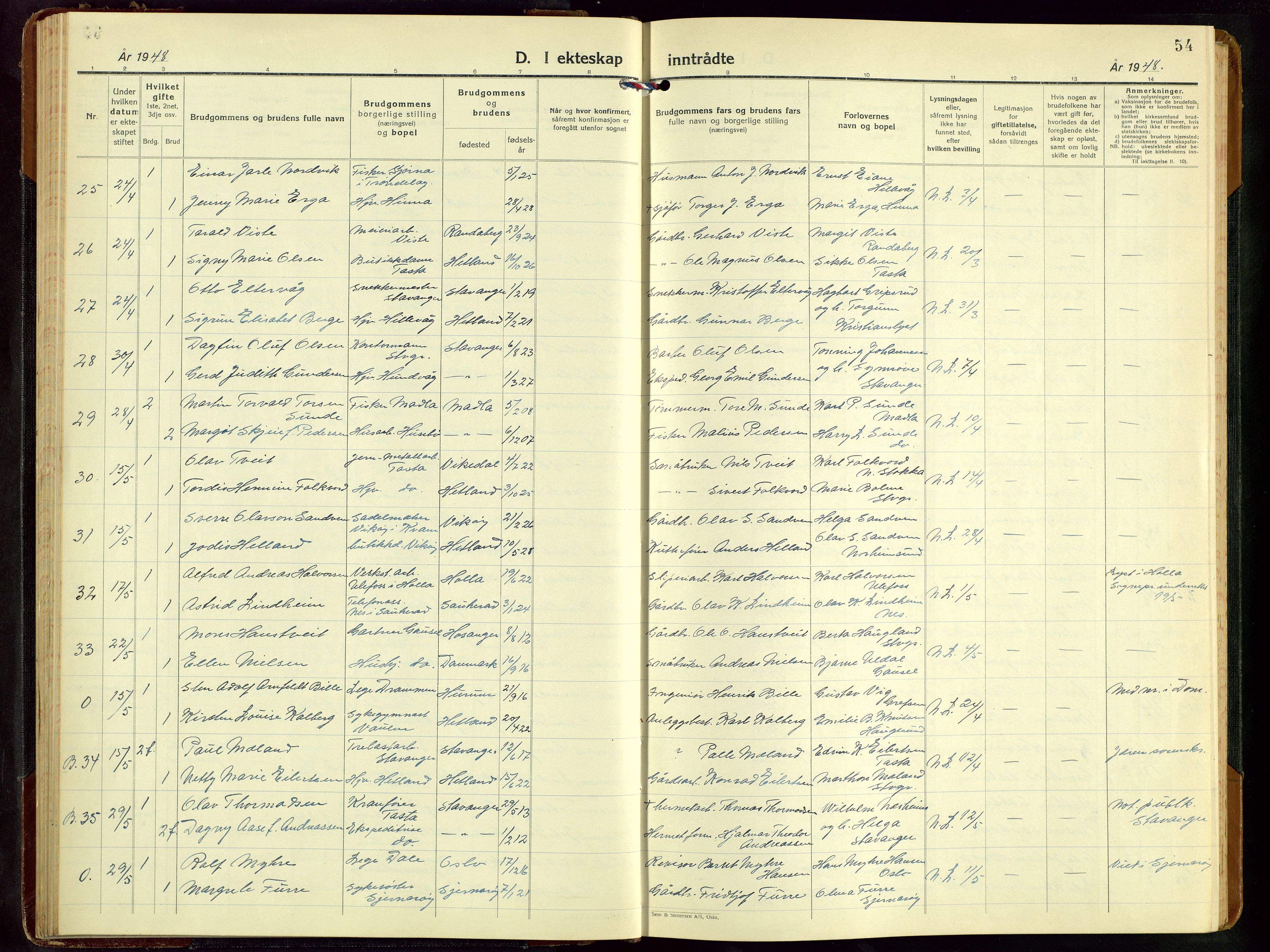 Hetland sokneprestkontor, AV/SAST-A-101826/30/30BB/L0016: Klokkerbok nr. B 16, 1942-1960, s. 54