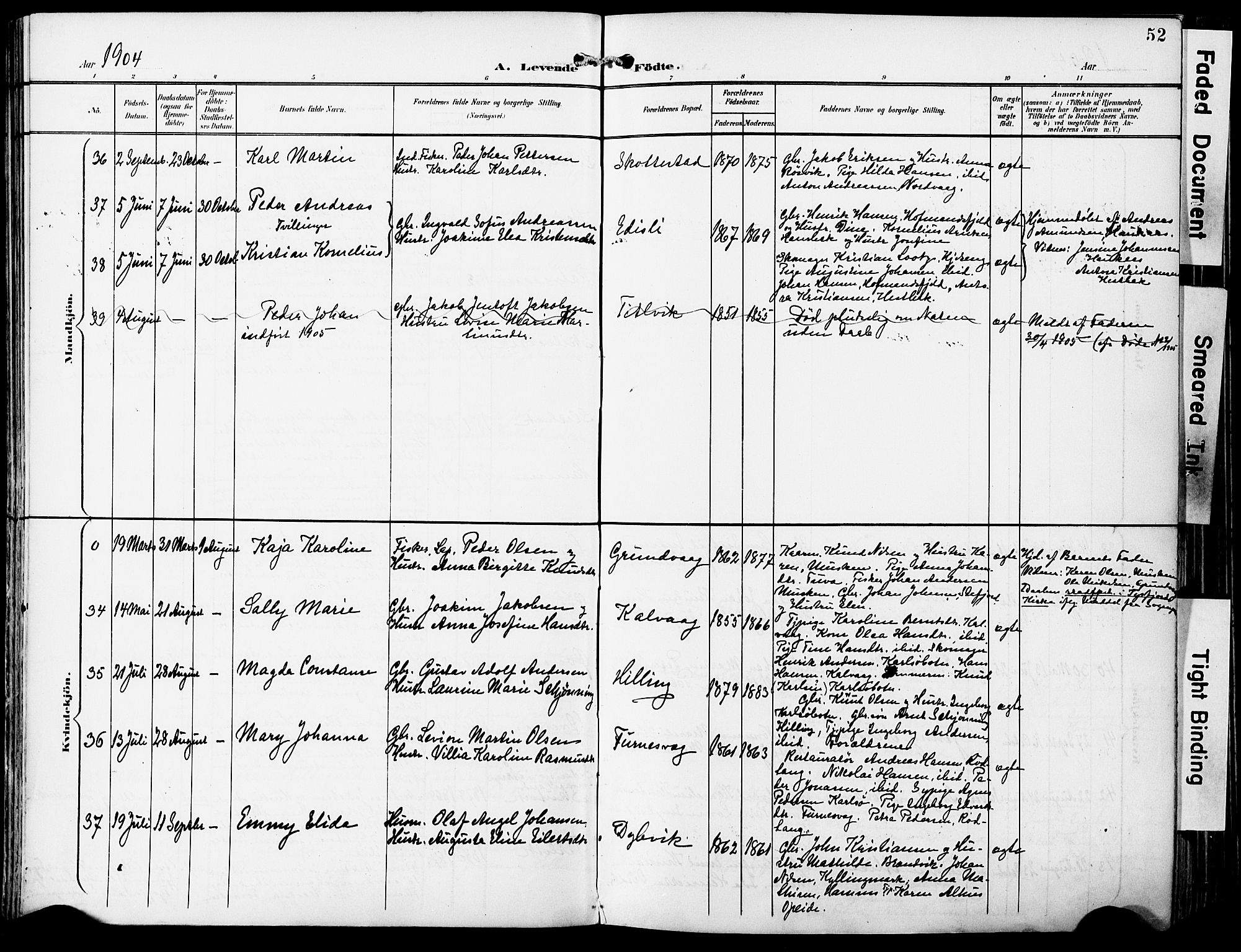 Ministerialprotokoller, klokkerbøker og fødselsregistre - Nordland, AV/SAT-A-1459/859/L0848: Ministerialbok nr. 859A08, 1900-1912, s. 52