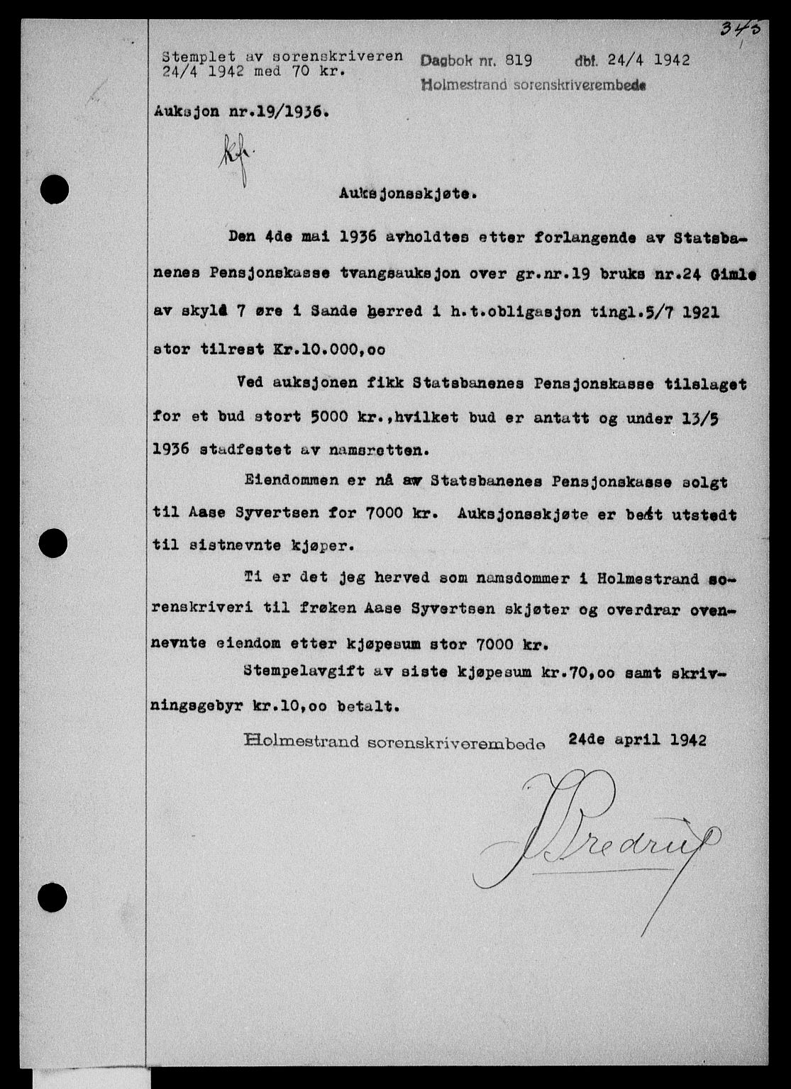 Holmestrand sorenskriveri, SAKO/A-67/G/Ga/Gaa/L0055: Pantebok nr. A-55, 1942-1942, Dagboknr: 819/1942