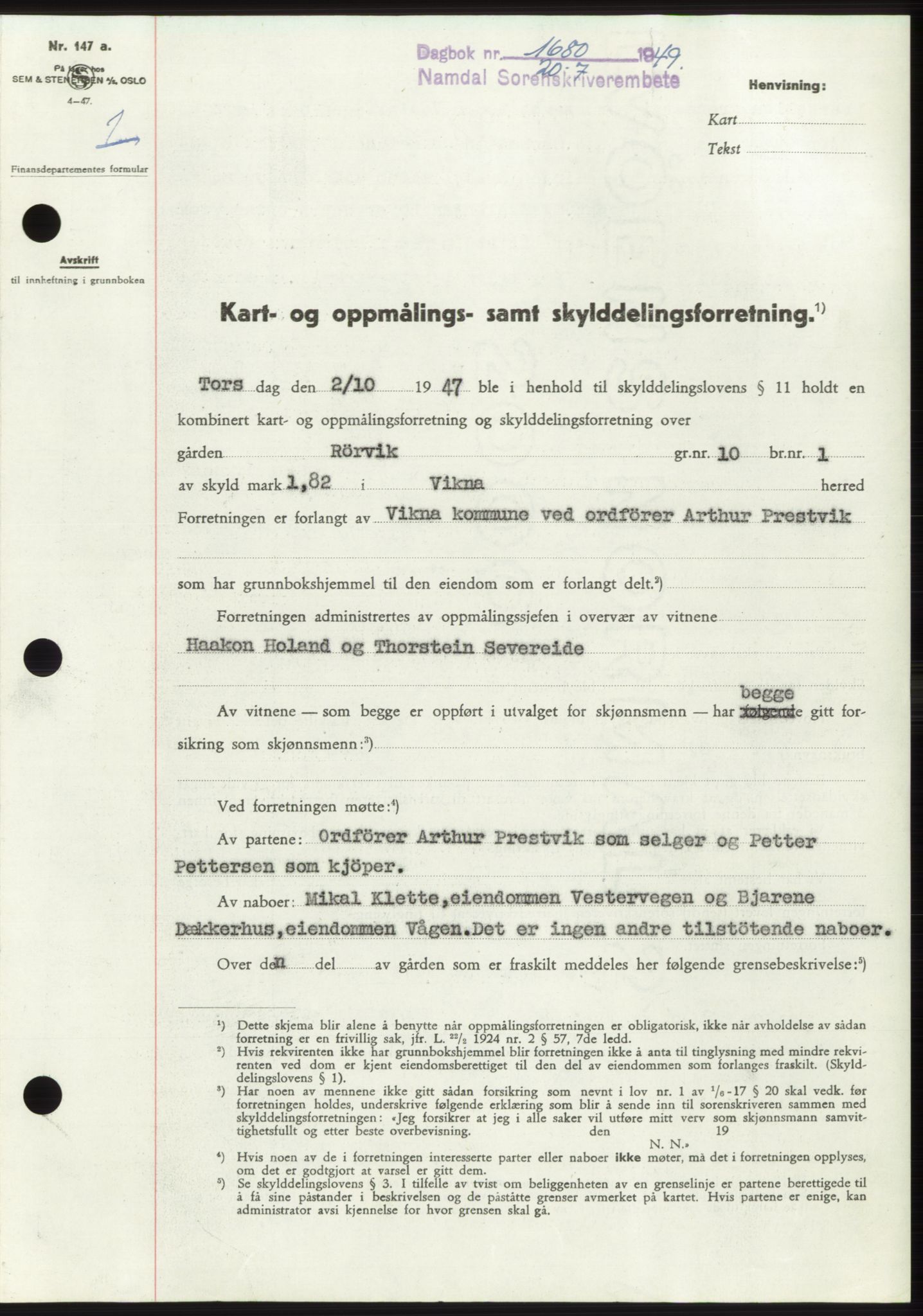 Namdal sorenskriveri, SAT/A-4133/1/2/2C: Pantebok nr. -, 1949-1949, Dagboknr: 1680/1949
