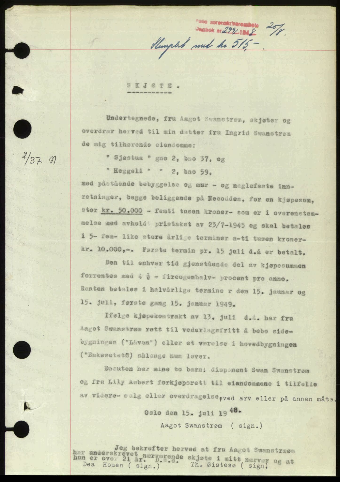 Follo sorenskriveri, SAO/A-10274/G/Ga/Gaa/L0085: Pantebok nr. I 85, 1948-1948, Dagboknr: 2991/1948