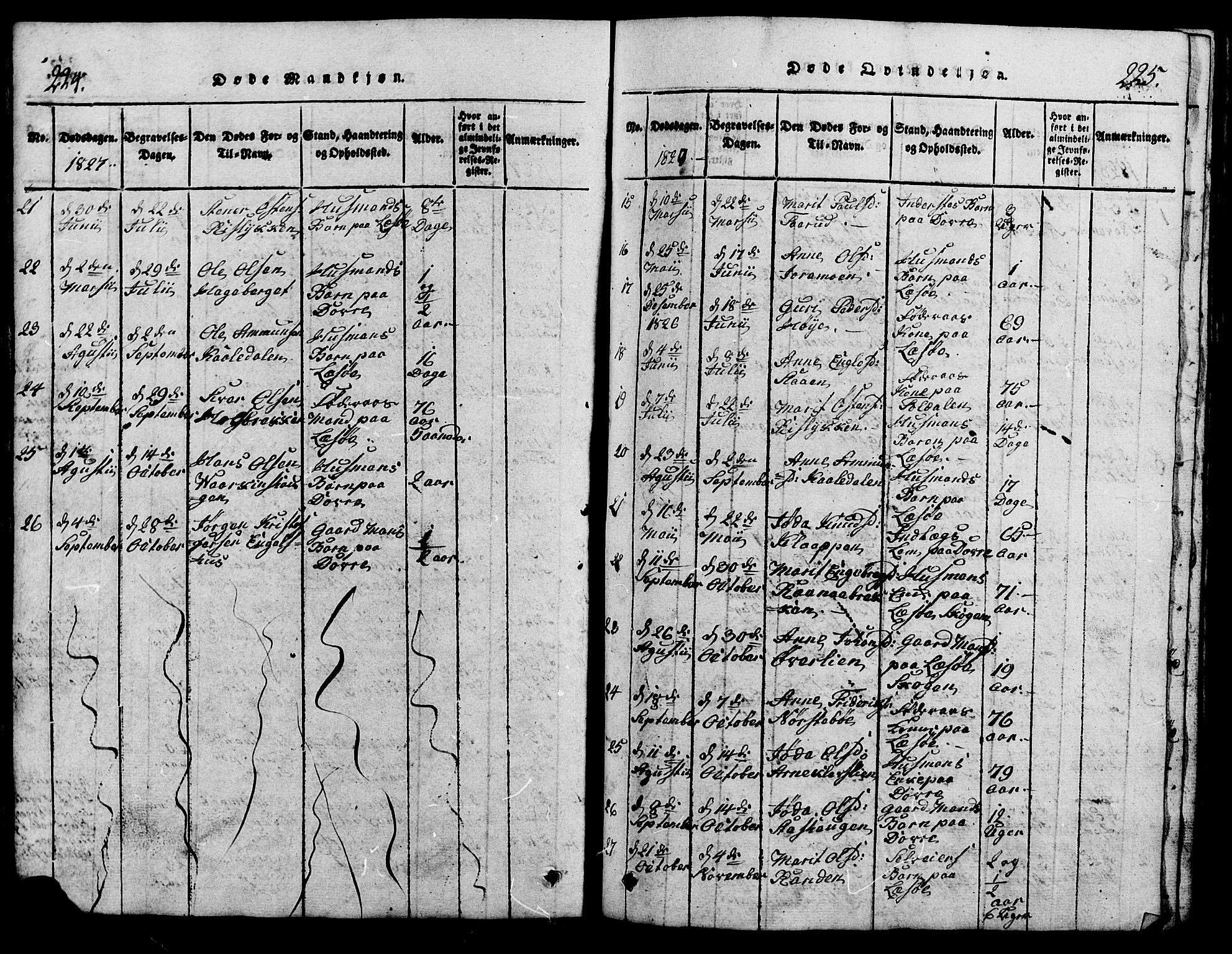 Lesja prestekontor, AV/SAH-PREST-068/H/Ha/Hab/L0001: Klokkerbok nr. 1, 1820-1831, s. 224-225
