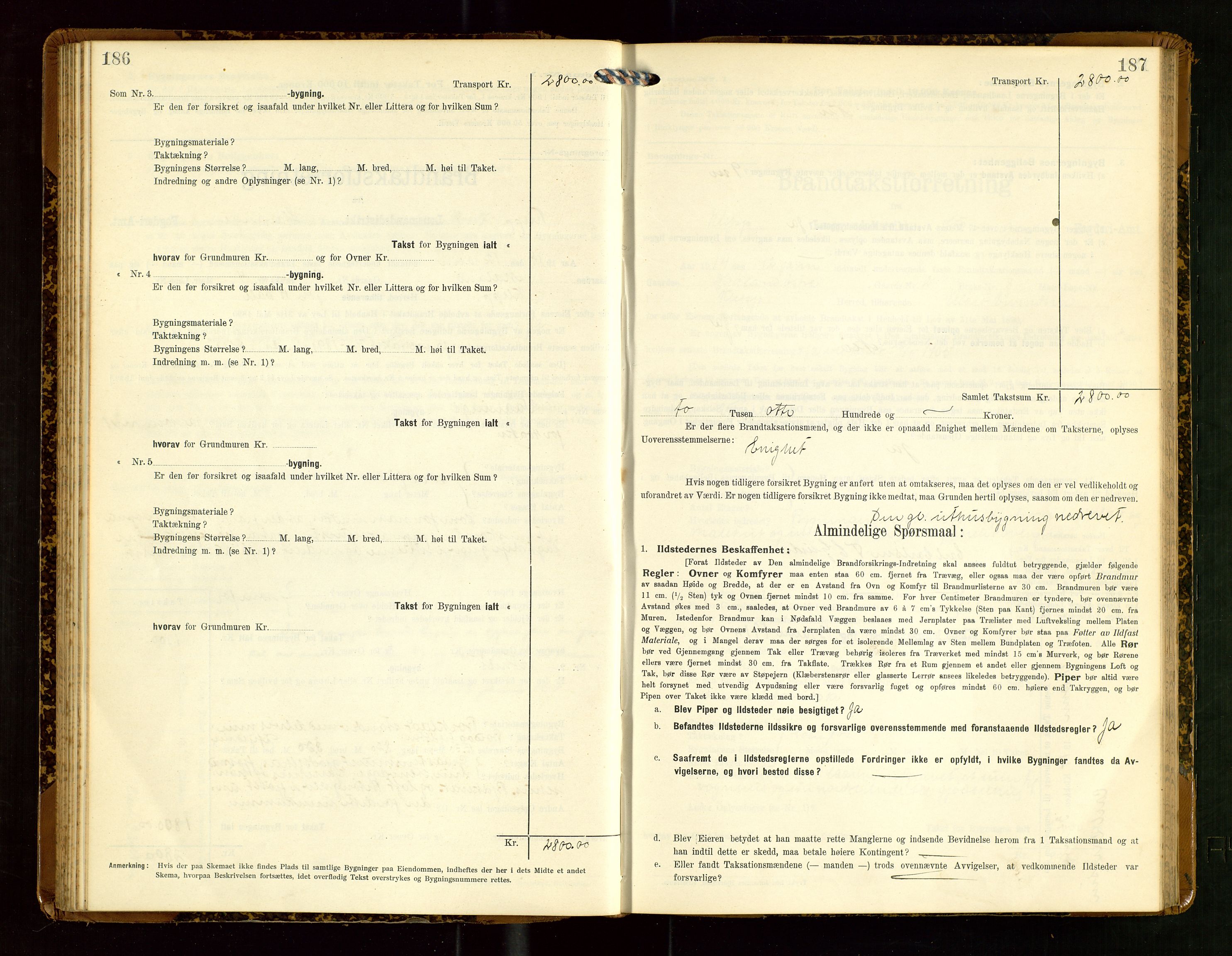 Klepp lensmannskontor, SAST/A-100163/Goc/L0007: "Brandtaxationsprotokol" m/register, 1911-1915, s. 186-187