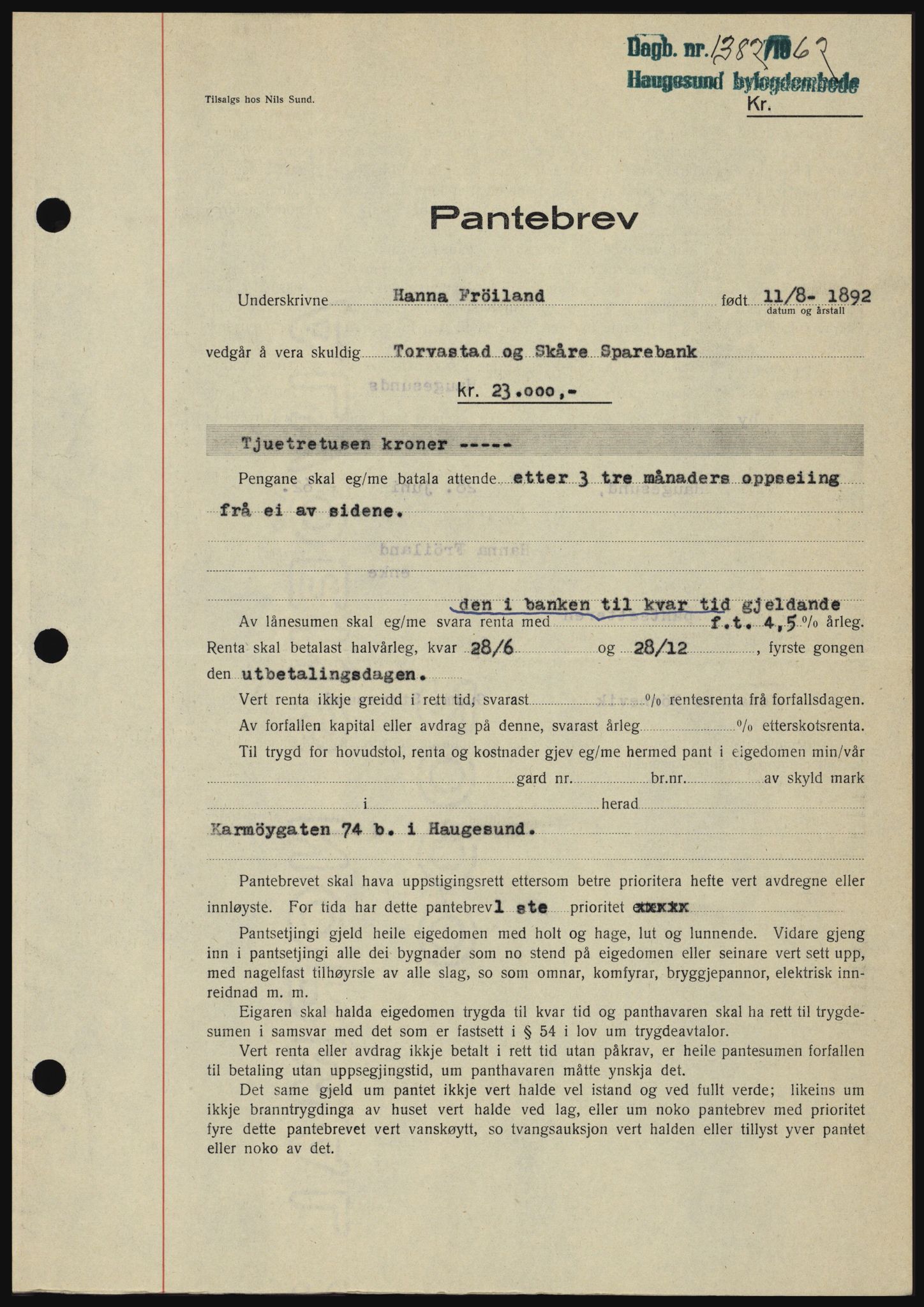 Haugesund tingrett, SAST/A-101415/01/II/IIC/L0049: Pantebok nr. B 49, 1962-1962, Dagboknr: 1382/1962