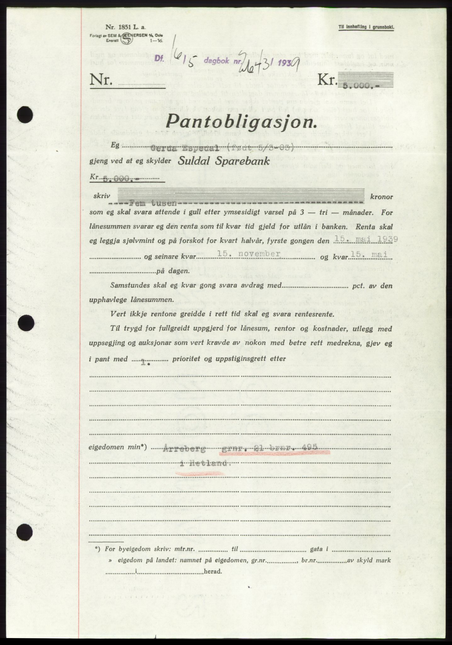 Jæren sorenskriveri, SAST/A-100310/03/G/Gba/L0074: Pantebok, 1939-1939, Dagboknr: 2643/1939