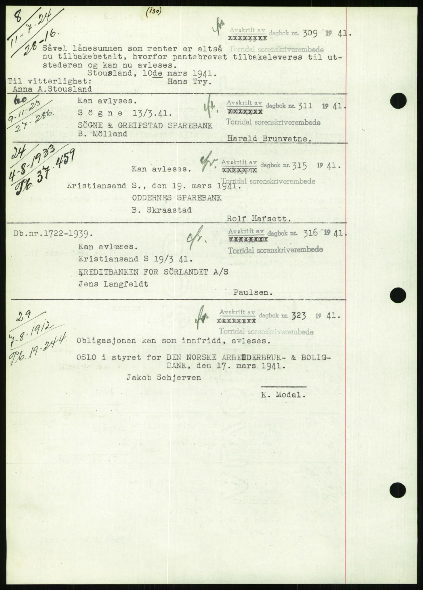 Torridal sorenskriveri, SAK/1221-0012/G/Gb/Gbb/L0008: Pantebok nr. 52b, 1940-1942, Dagboknr: 281/1941